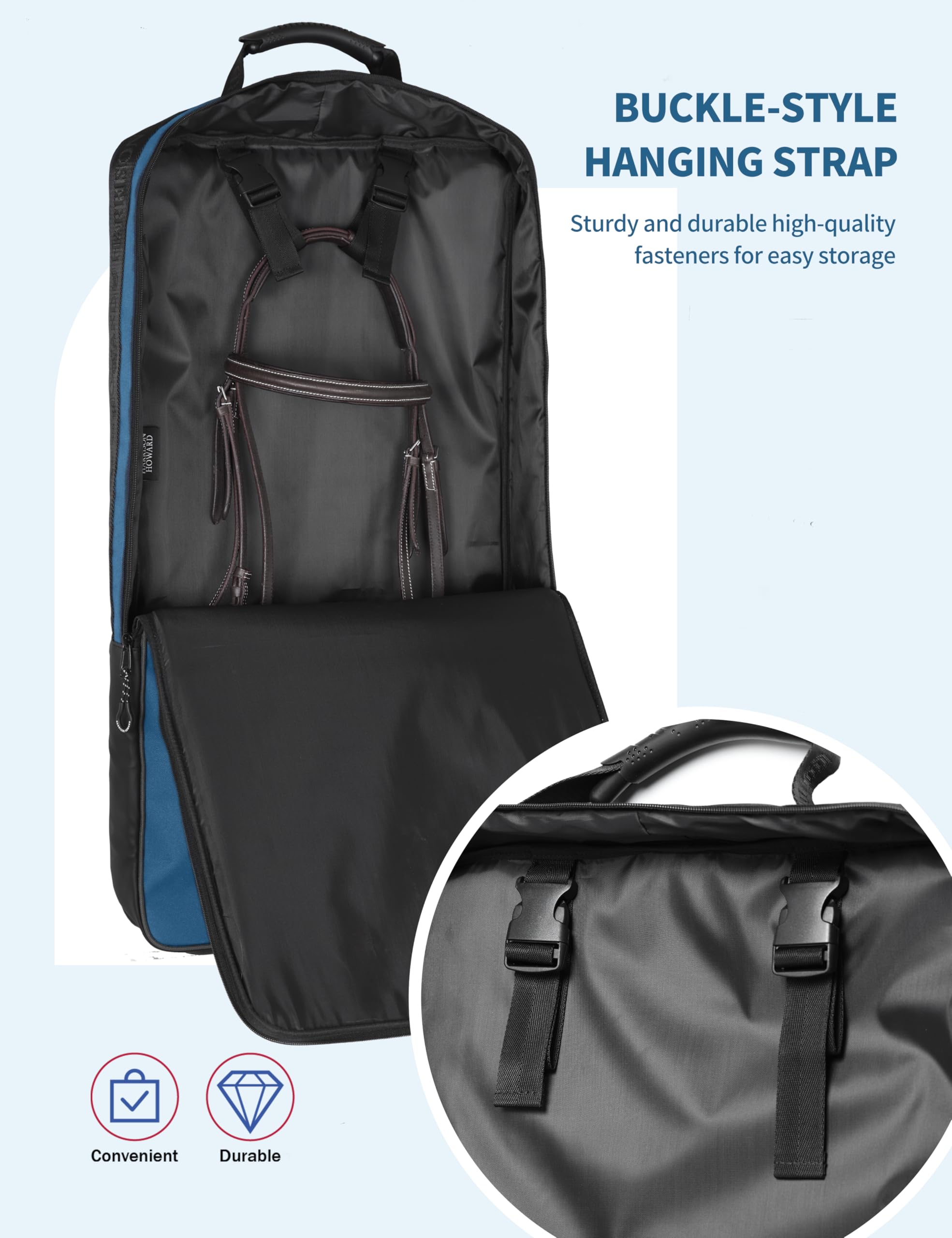 Harrison Howard Waterproof Bridle Bag Halter Bag for Horses with 3 Prong Tack Rack Sturdy Fabric Horse Tack Carry Bag Blue