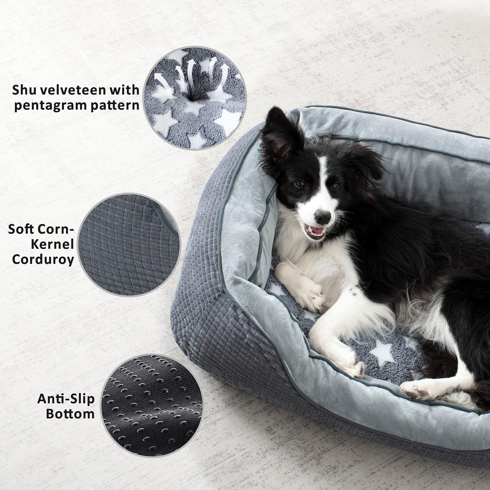 Siwa Mary Dog Beds For Medium Small Dogs, Washable Sofa Bed With Wide Sides, Pentagram Pattern, Durable Pet Cuddler Bed, Warming Soft Calming Puppy Sleeping, Star-Gray, Medium-(25''X 21''X 8'')