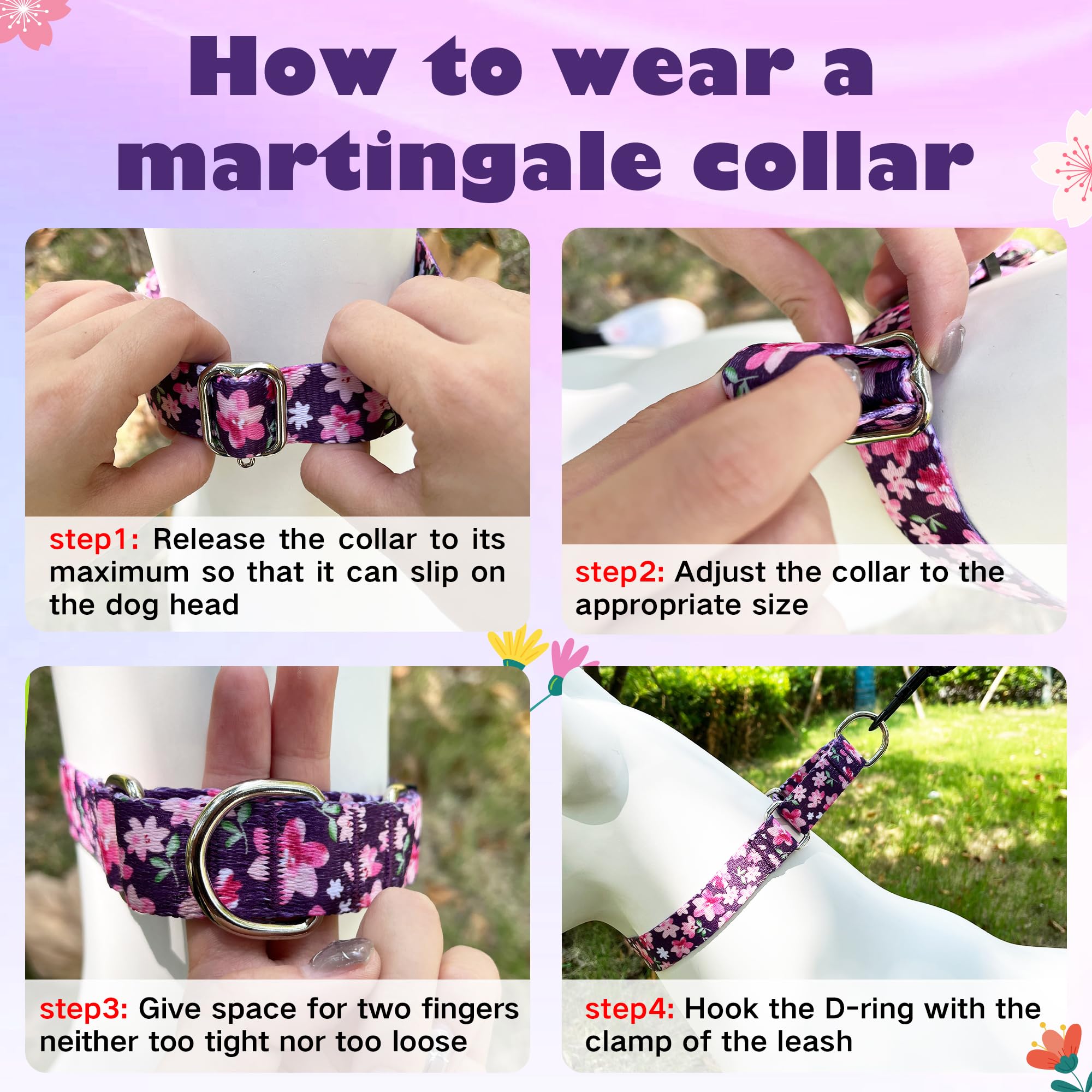 Hikiko Martingale Collar For Dogs With No Buckle Purple Floral Female Dog Collar Cute Girl Dog Collars For Medium Dogs,Japanese