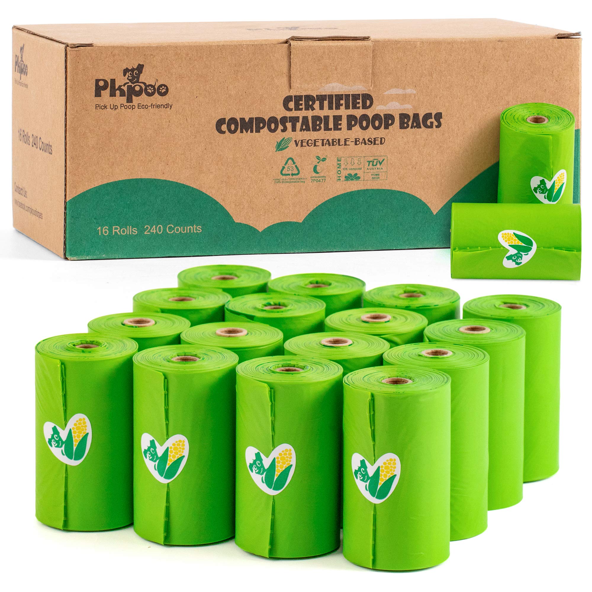 Pkpoo Compostable Poop Bags Certified, Plant-Based Poop Bags for Dogs, Unscented Doggie Waste Bags - Vegetable-Based Extra Thick
