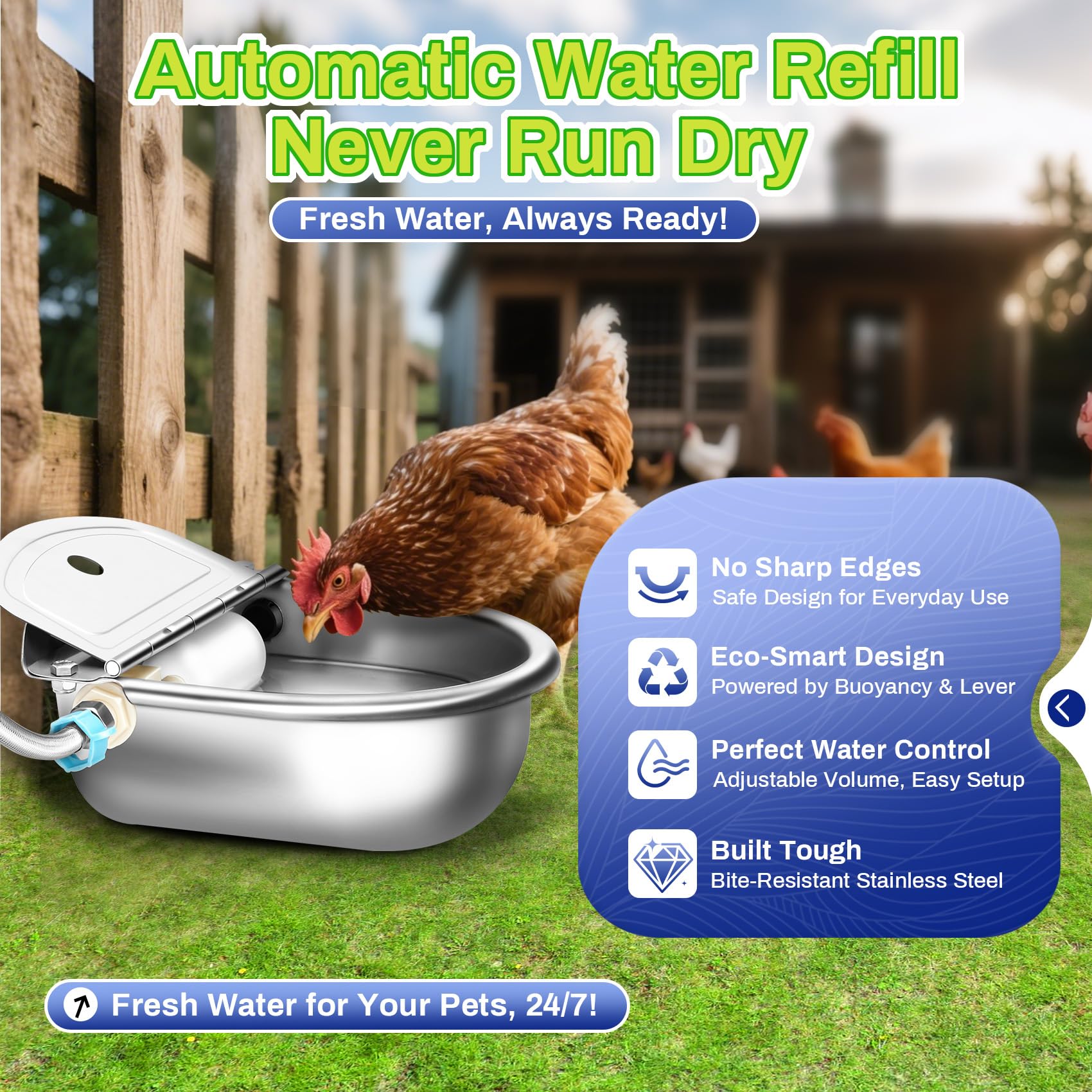 Ademon Automatic Animal Drinking Water Bowl, Stainless Steel, Standard Setup, Metallic, Model 001, Includes Float Valve and Accessories