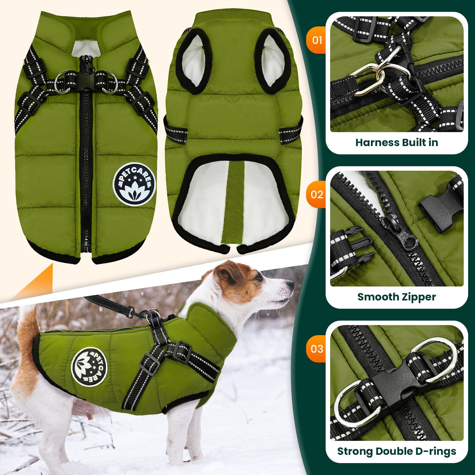 Petcare Winter Dog Coat With Harness Built-In Waterproof Jacket, Warm Fleece Vest, Windproof Snow Jacket, Reflective, Cold Weath