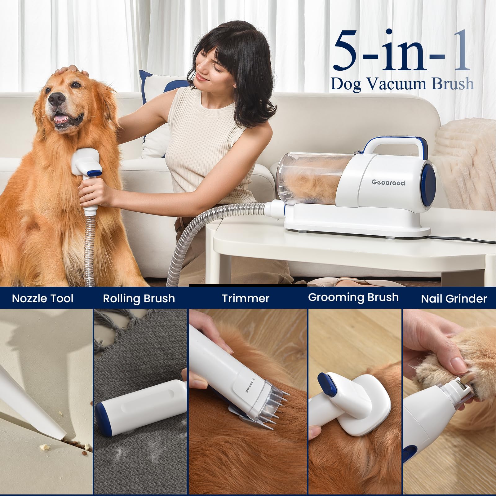Geoorood Dog Grooming Vacuum Kit, 5 In 1 Pet Hair Grooming Tools 13000Pa 2.2L Dust Cup With Clippers For Dogs Cats Shedding Brus