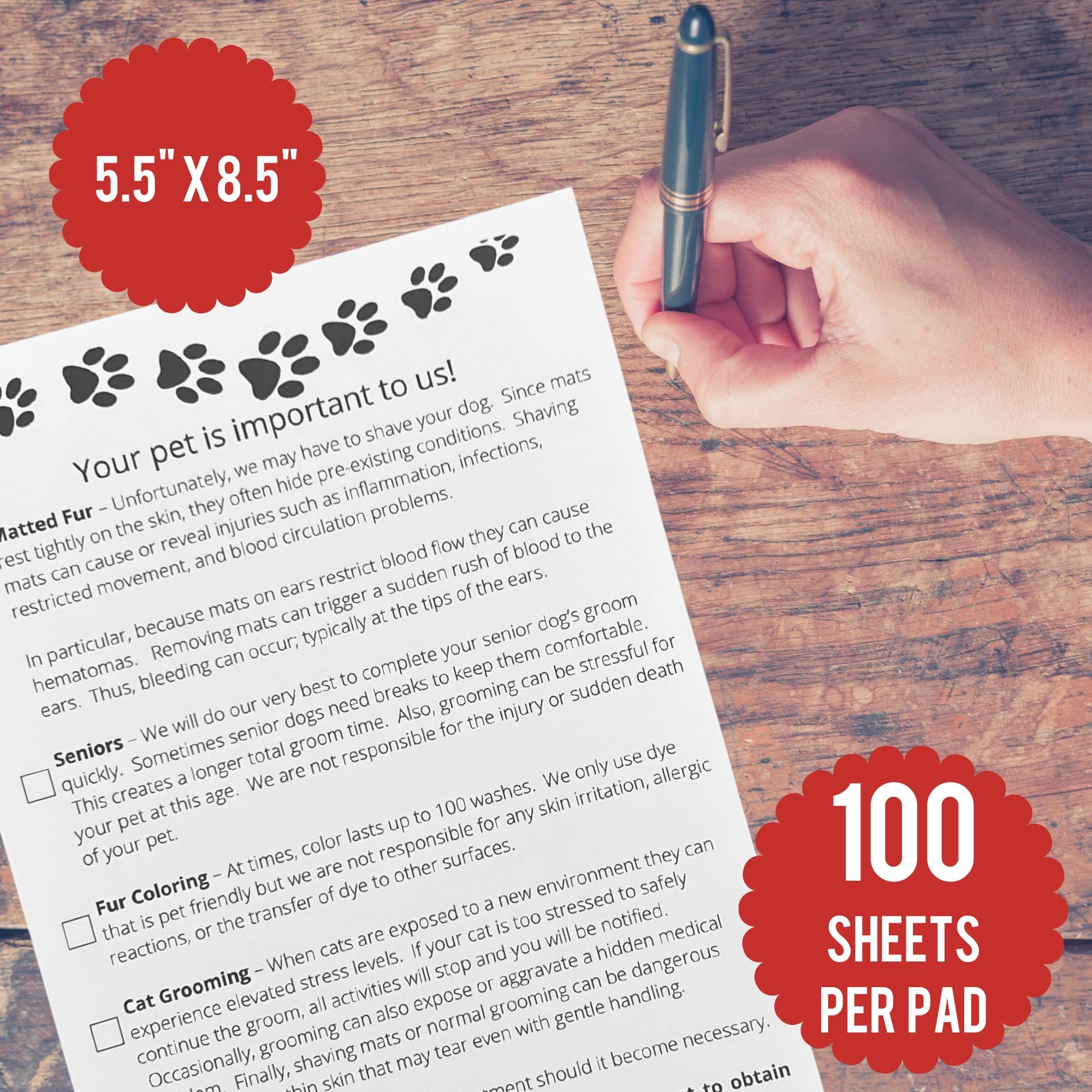 Grooming Pet Release Forms (100 Sheets, 5.5' X 8.5') Addresses Matted Fur, Senior Dogs, Fur Coloring, And Cats