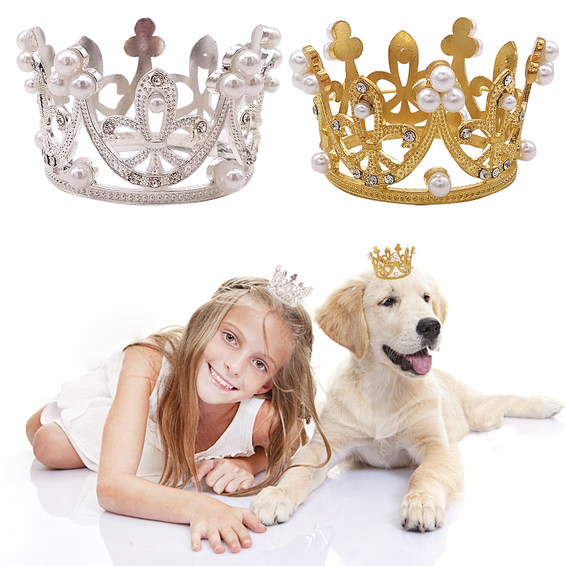 Pet Show 2Pcs Small Dog Crown Headband Puppies Rabbit Cat Hat For Birthday Party Silver Gold Rhinestone Faux Pearl Crown For Boy Girl Wedding Hair Accessories Photo Prop Costume