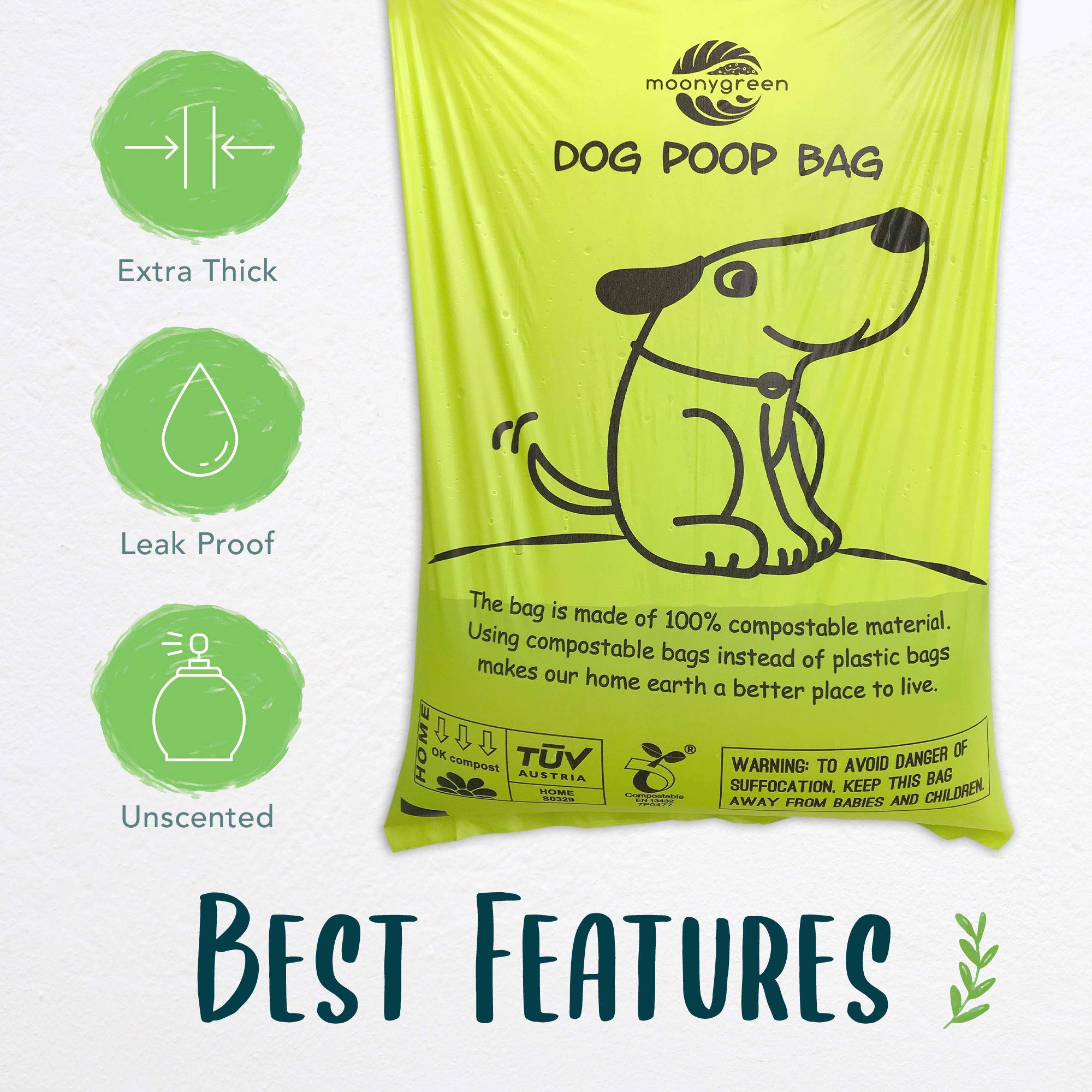 Moonygreen Compostable Dog Poop Bags, Vegetable-Based, Leak Proof, Extra Thick, 9x13 Inch, Pack of 120, Green