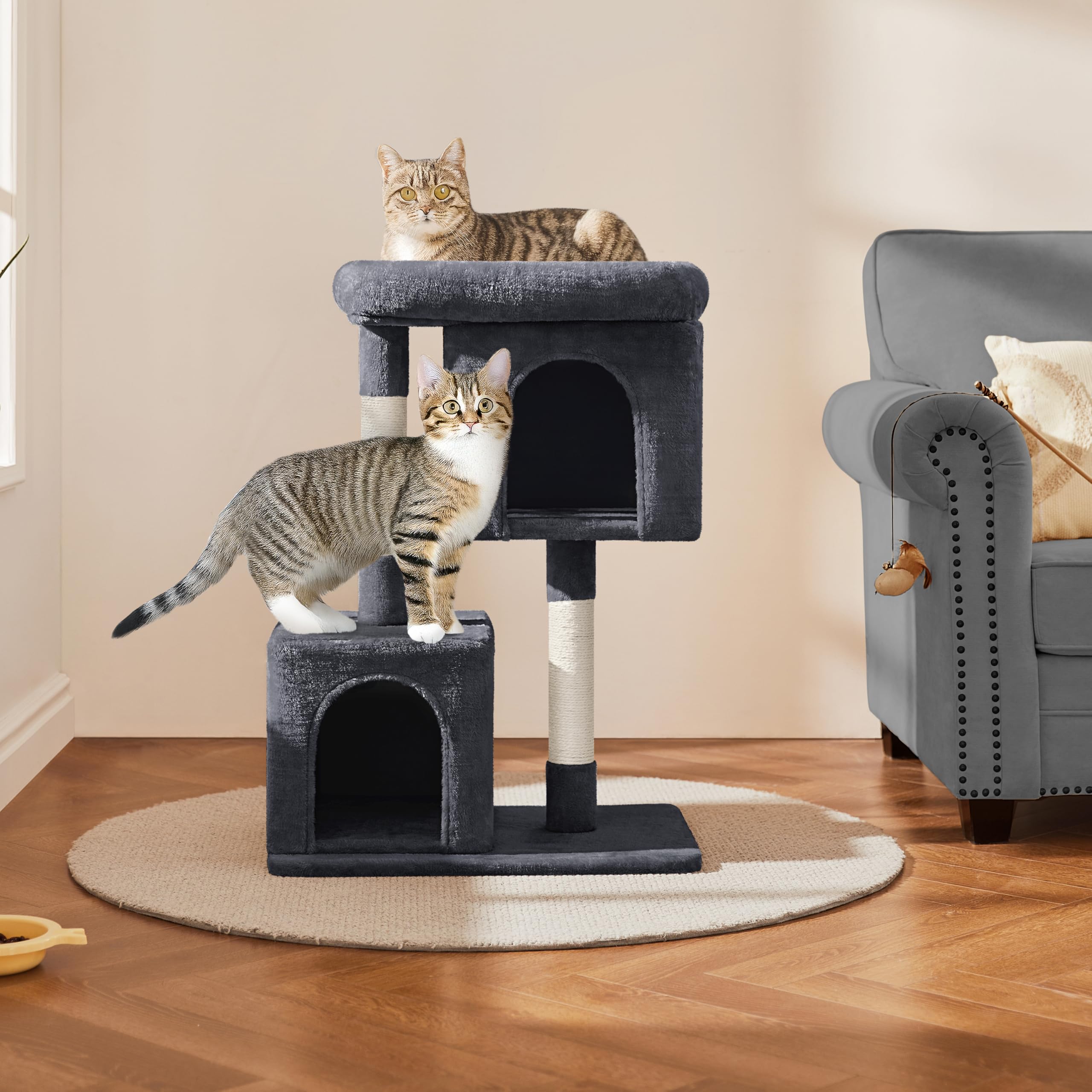 Yaheetech 33.5In Cat Tree Tower For Indoor Cats W/2 Cozy Plush Condos, Oversized Perch & Sisal Scratching Posts, Stable Cat Stand House For Large Cats & Pets