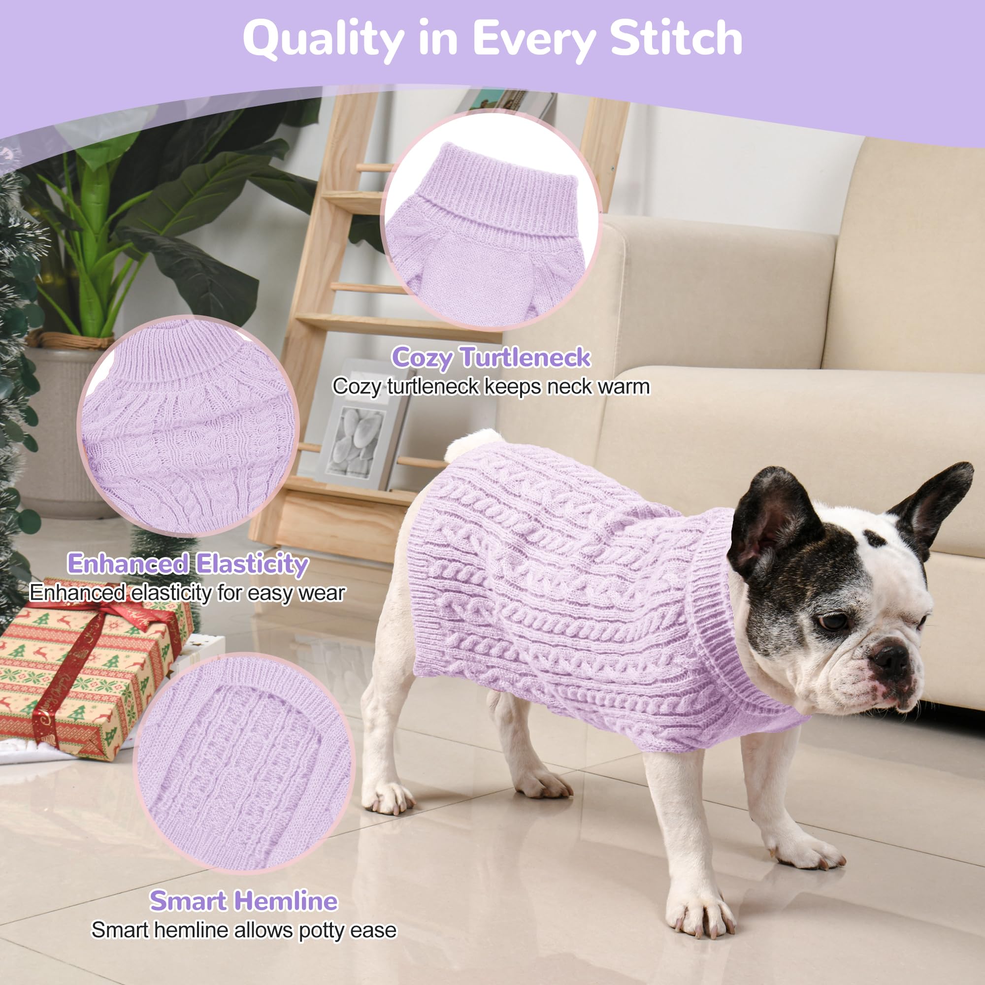 Lorehelina 2 Pack Dog Sweaters for Medium Dogs Winter Turtleneck Pullover Cable Knit Fleece Stretch Frenchie Dachshund Pug Corgi