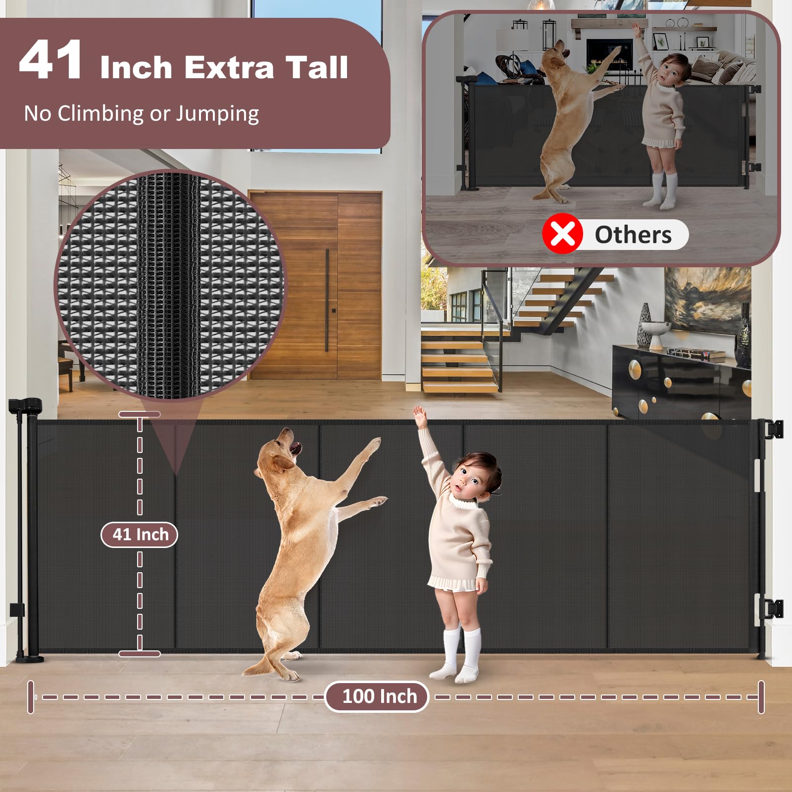 Reinforced 41'' Extra Tall Retractable Baby Gates Extra Wide 100'' Retractable Dog Gate with Support Rods, Indoor Extra Long Bab