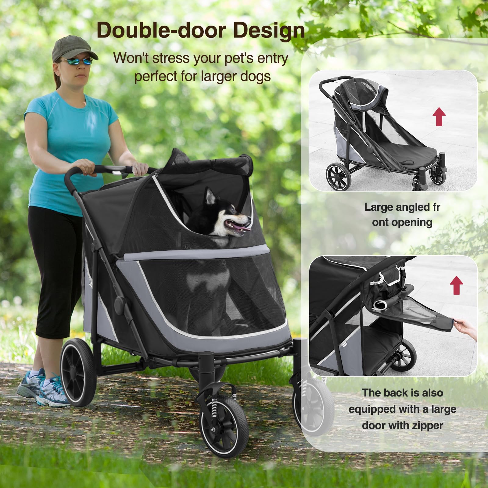Dog Stroller For Medium/Large Dogs One-Click Folding, Extra Large Pet Stroller For 2 Dogs With Storage Pocket & Shock Absorption