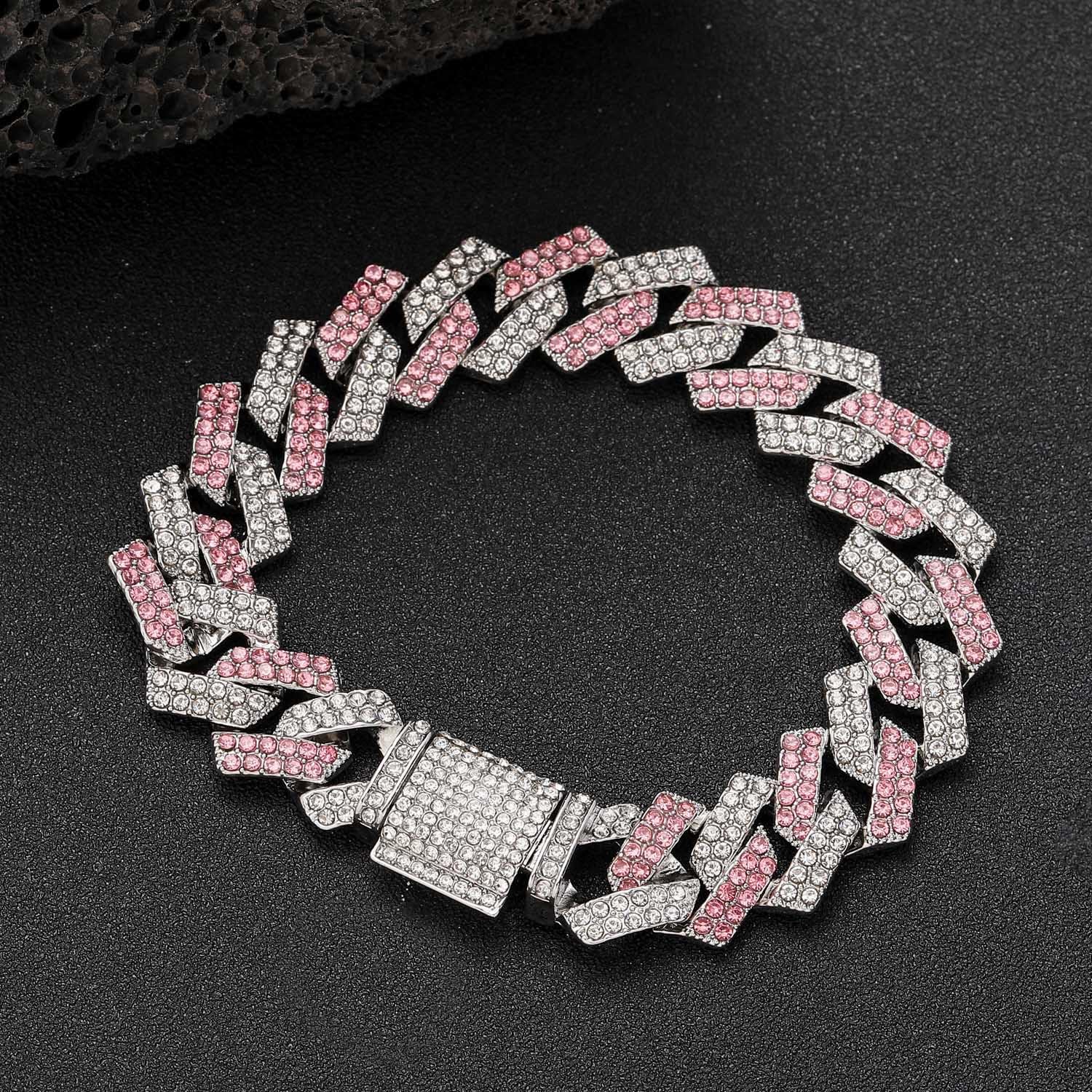 Pink Dog Necklace Collar, Bling Diamond Cuban Link Dog Collars Glitter Rhinestone Dog Chain For Small Medium Large Pet Dogs, 20-