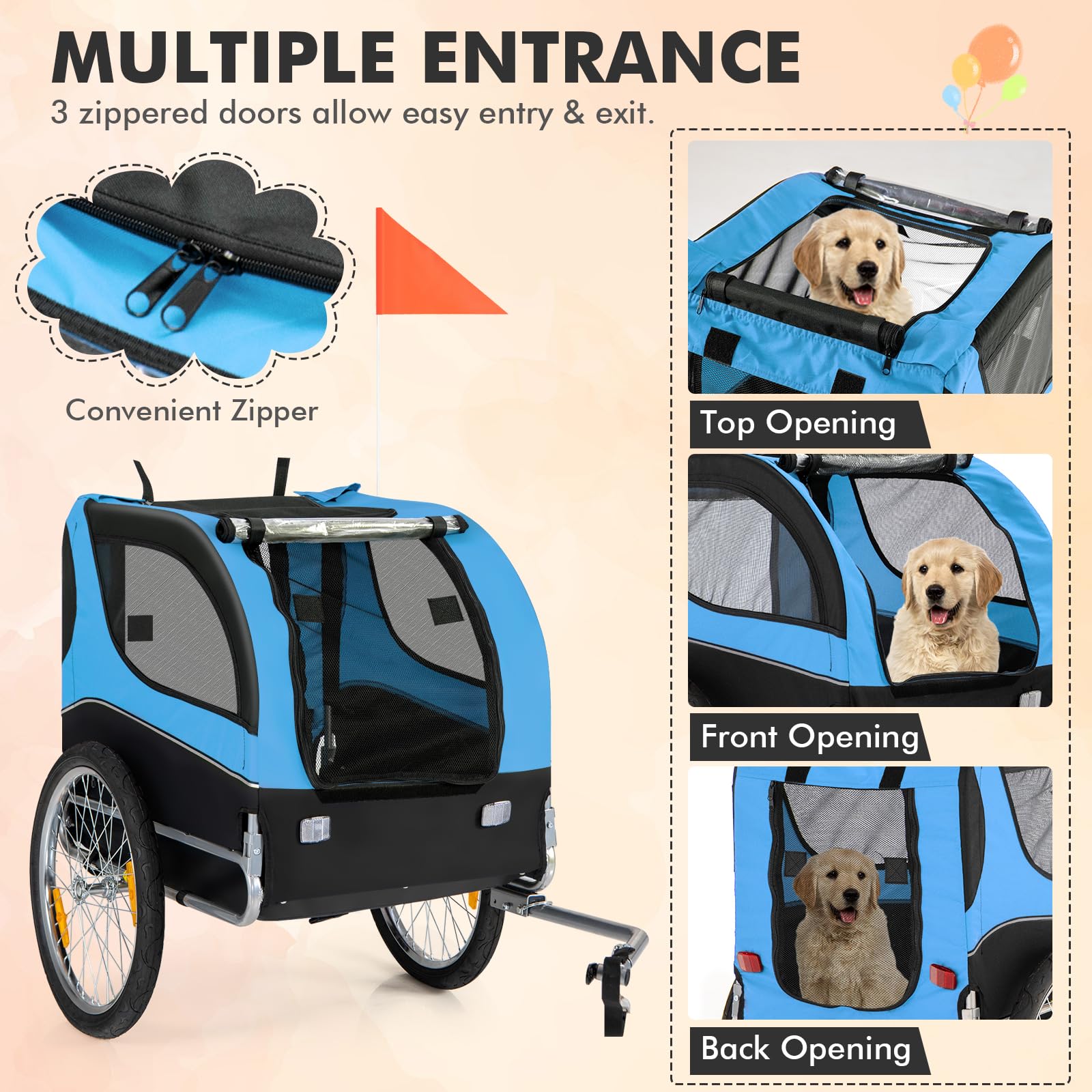 Tangkula Dog Bike Trailer, Breathable Mesh Dog Cart With 3 Entrances, Safety Flag, 8 Reflectors, Folding Pet Carrier Wagon With 20 Inch Wheels, Bicycle Carrier For Medium And Small Sized Dogs (Blue)