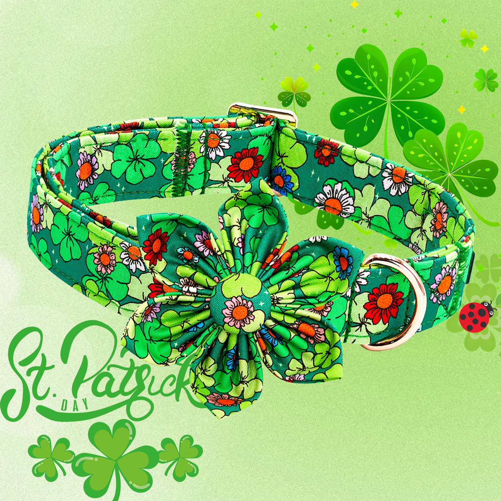 Lionheart Glory St. Patrick'S Day Dog Collar With Flower-Lucky Clover Shamrock Dog Bow Collar For Medium Dogs Green Spring Trefo