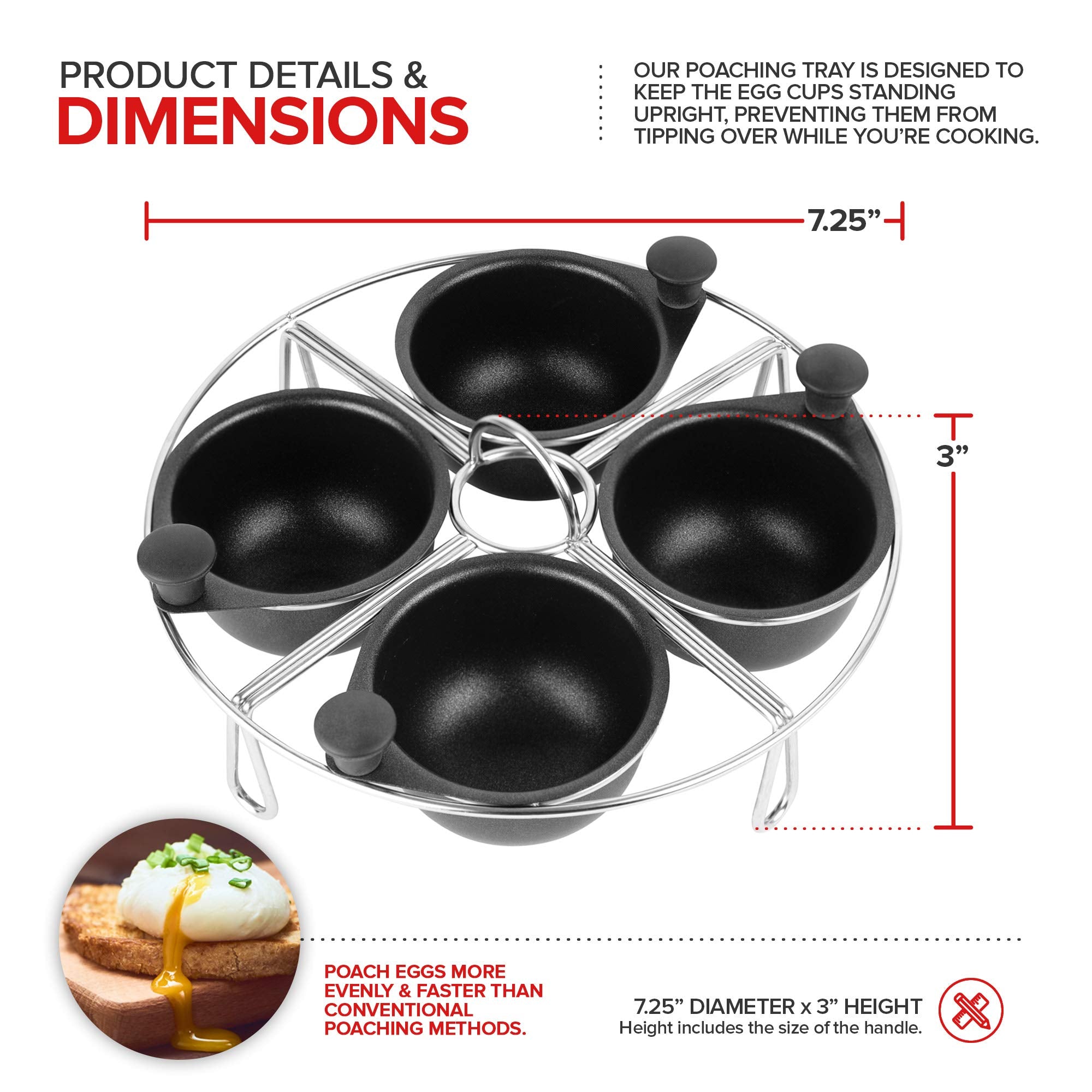 Modern Innovations Stainless Steel 4-cup Egg Poacher Tray - complimentary Silicone Mitt - Egg Poacher Insert for Poaching Eggs
