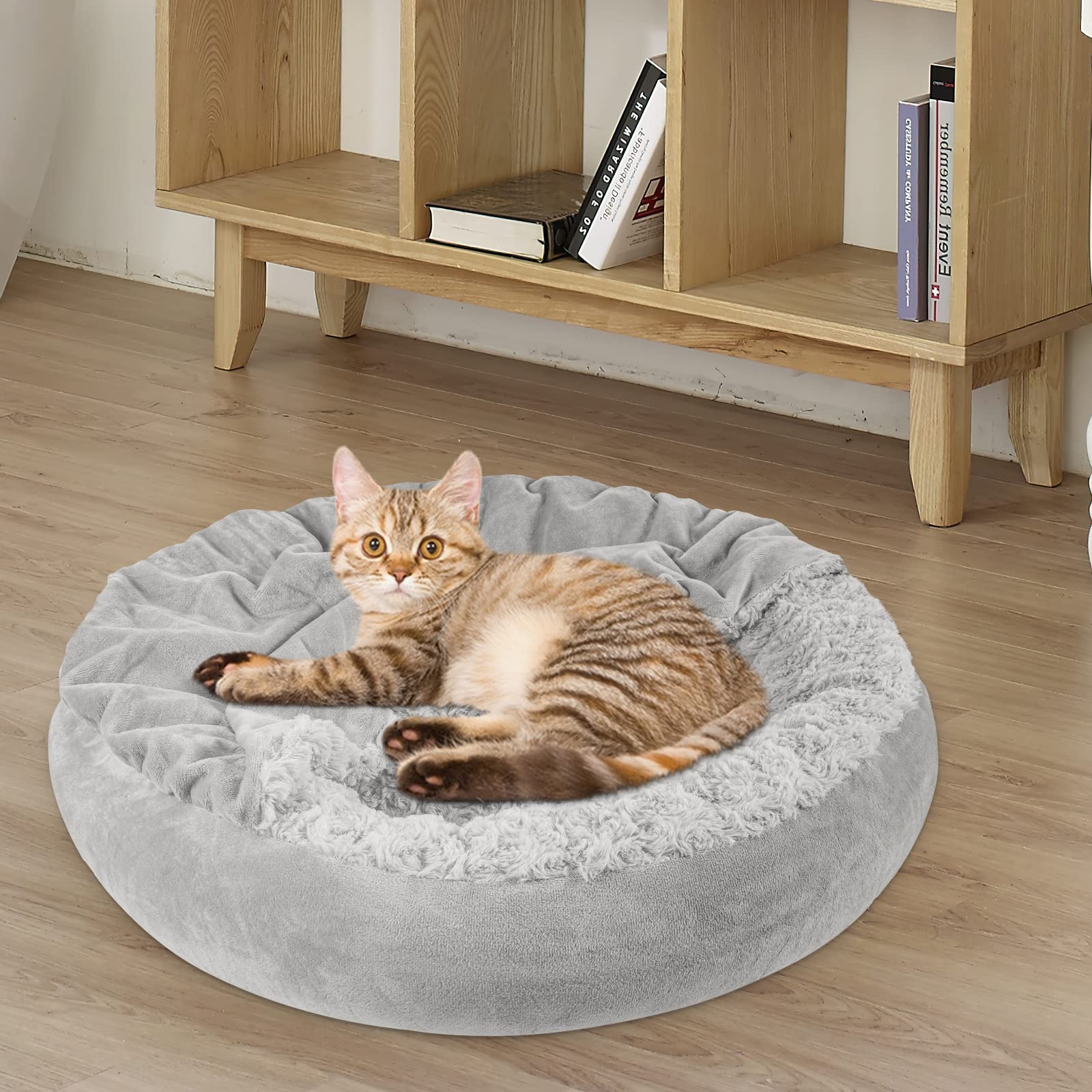 Joejoy Small Dog Bed Cat Bed With Hooded Blanket, Cozy Cuddler Luxury Puppy Pet Bed, Donut Round Calming Anti-Anxiety Dog Burrow Cave Bed - Anti-Slip Bottom And Machine Washable 23 Inch