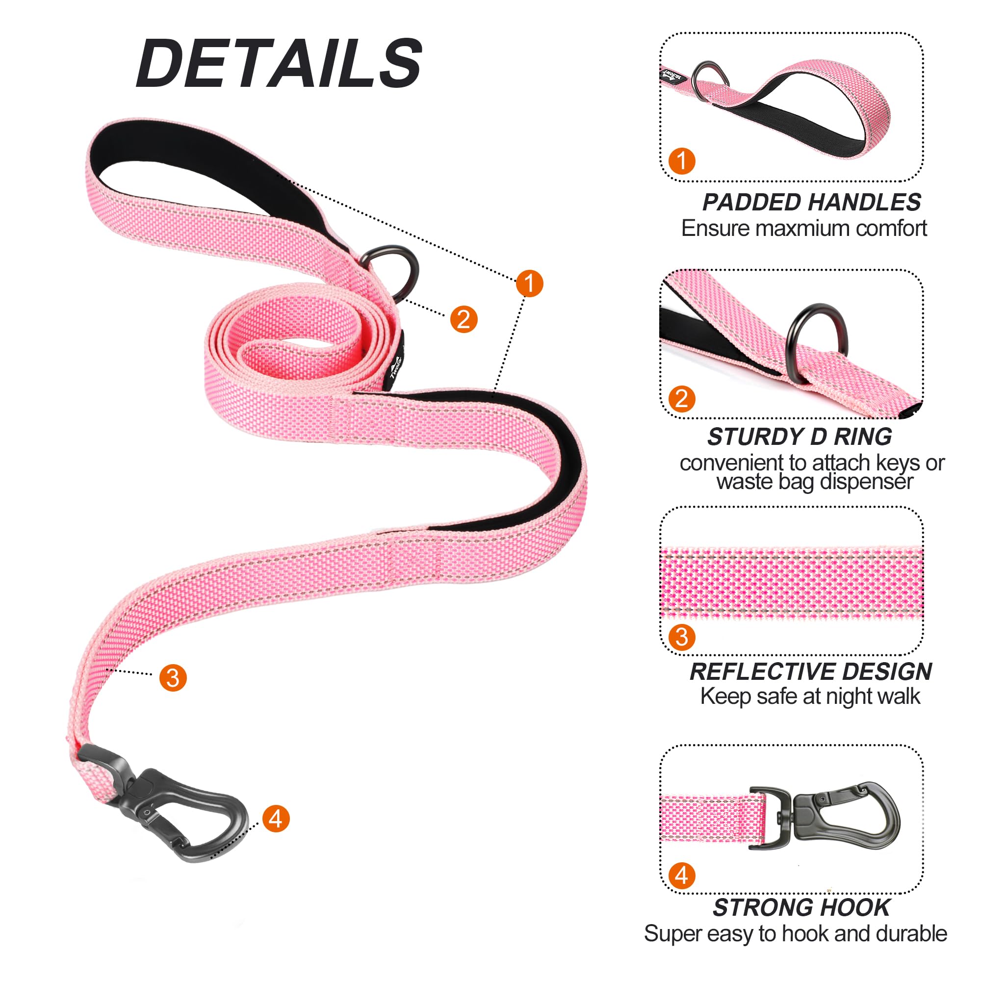 Twoear 6Ft 1In Strong Pink Dog Leash With 2 Padded Handles, Traffic Handle Extra Control, Comfortable Soft Dual Handle, Auto Lock Hook, Reflective Walking Lead For Small Medium And Large Dogs