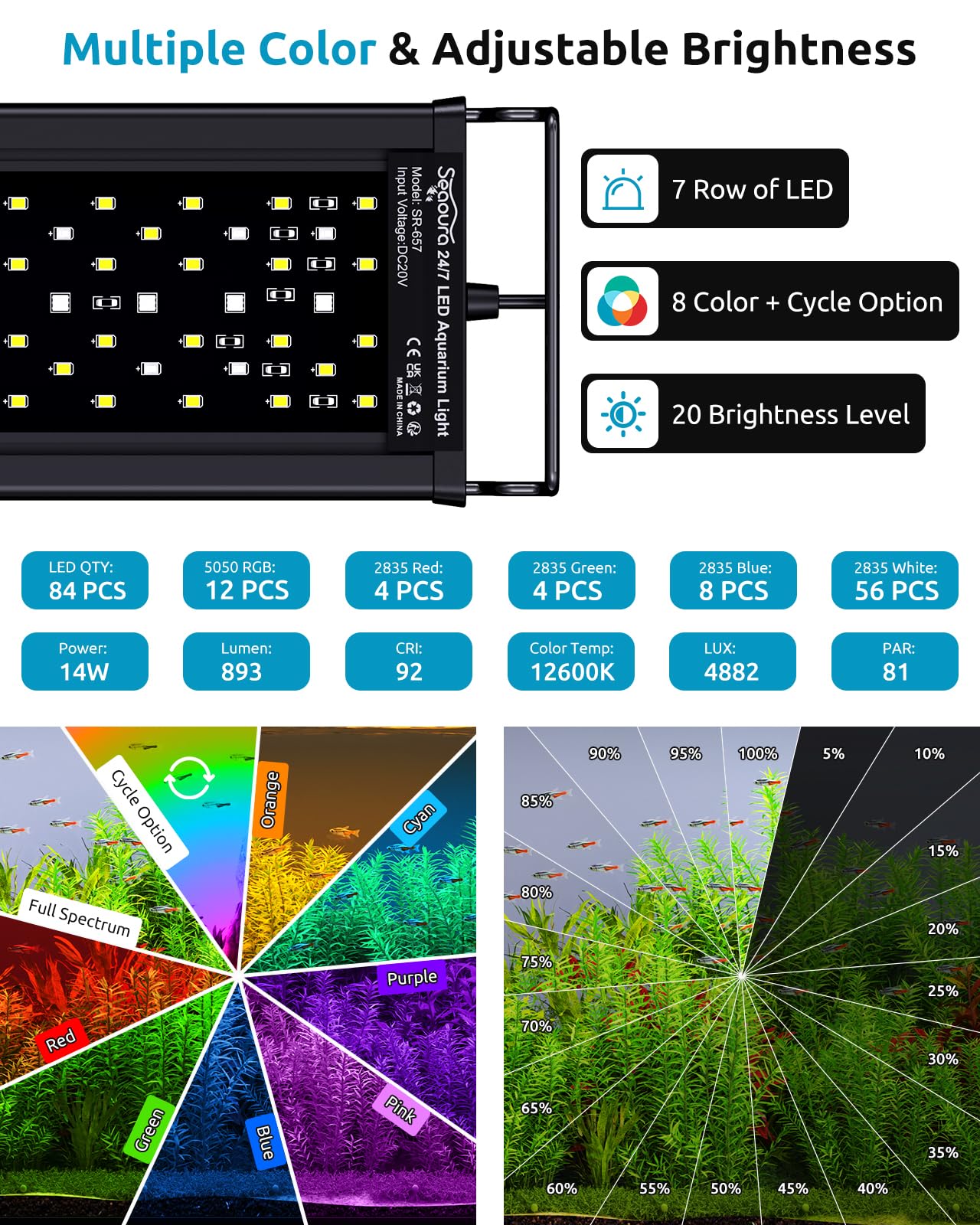 SEAOURA LED Aquarium Plant Light, 24/7 Custom Timer, Power-Off Memory, 7-Row LEDs 30-36in Full Spectrum Fish Tank Lights, 8 Colo