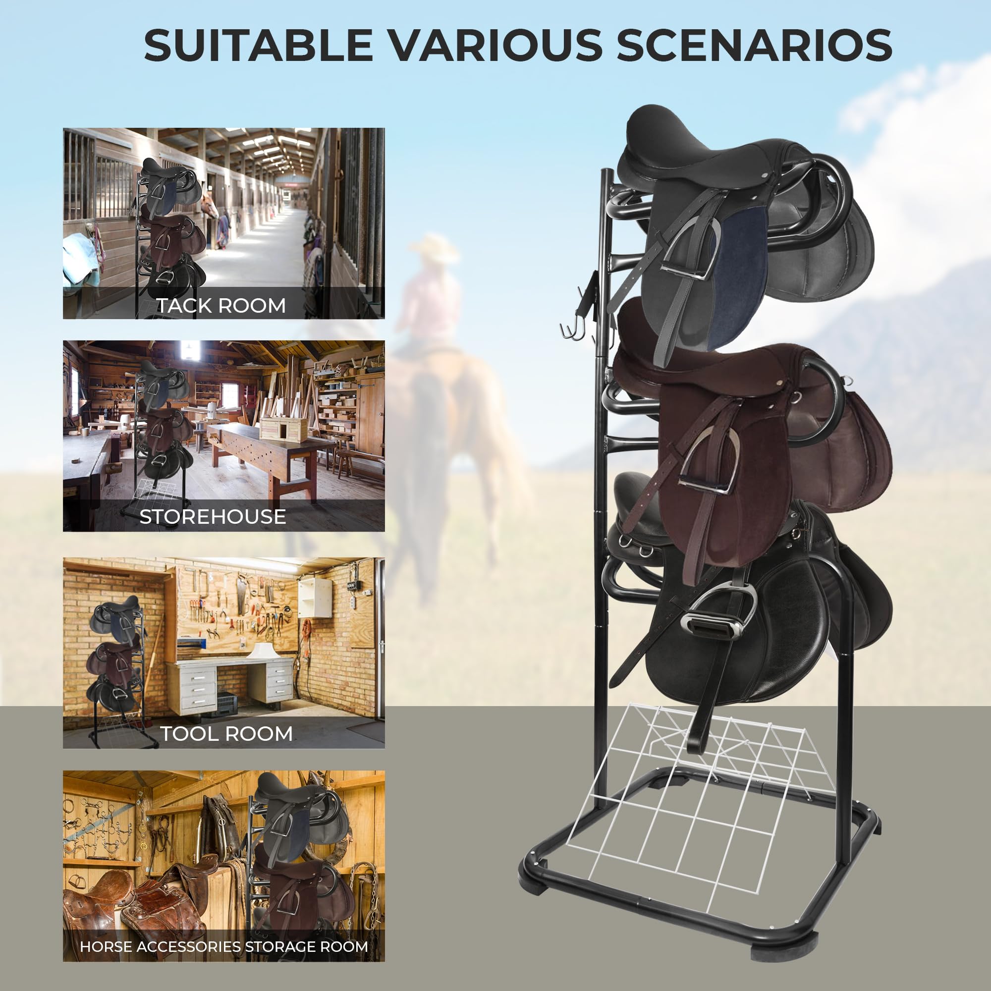 Homestead 220 Lbs Rolling Saddle Rack Cart with Basket - Heavy Duty Saddle Stand for Western Horse Gear, Organizers and Storage