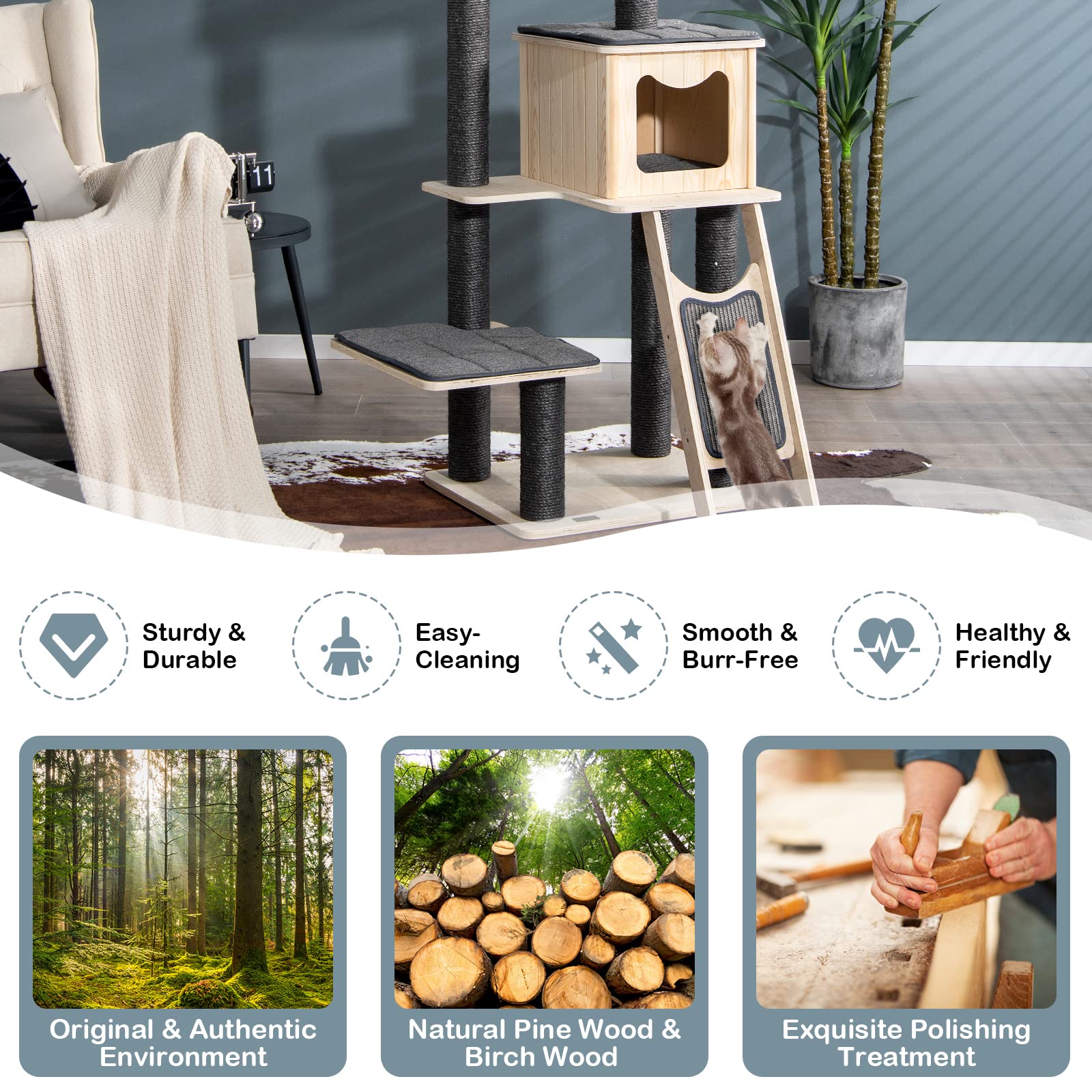 Tangkula Tall Cat Tree, 69 Inch 5-Tier Wood Cat Tower With Scratching Sisal Posts, Top Perch, Cute Cat Condo, Modern Cat Tree With Washable Cushions For Indoor Cats Large Adult (Grey)