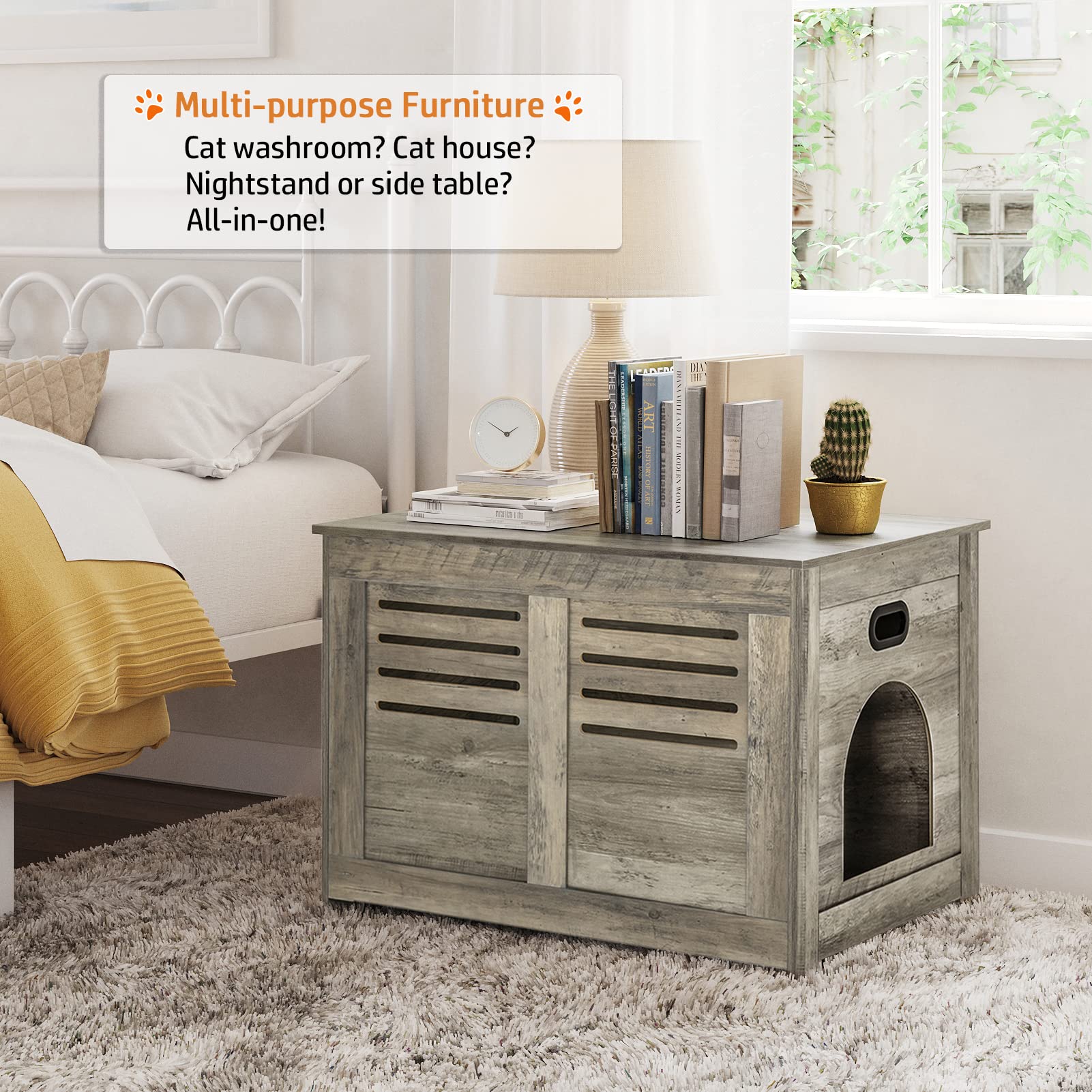 Dinzi Lvj Litter Box Enclosure, Flip-Top Enclosed Litter Box, Hidden Cat Washroom With Good Ventilation, Entrance Can Be On Left Or Right, Cat House Furniture For Most Of Cat And Litter Box, Grey Wash