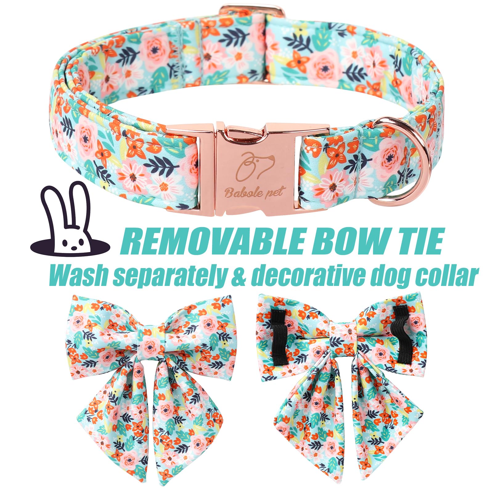 Babole Pet Floral Dog Collar With Bow Tie - Adjustable Blue Flower Lady Bow Collar Breathable Comfort Spring-Summer Dog Collars