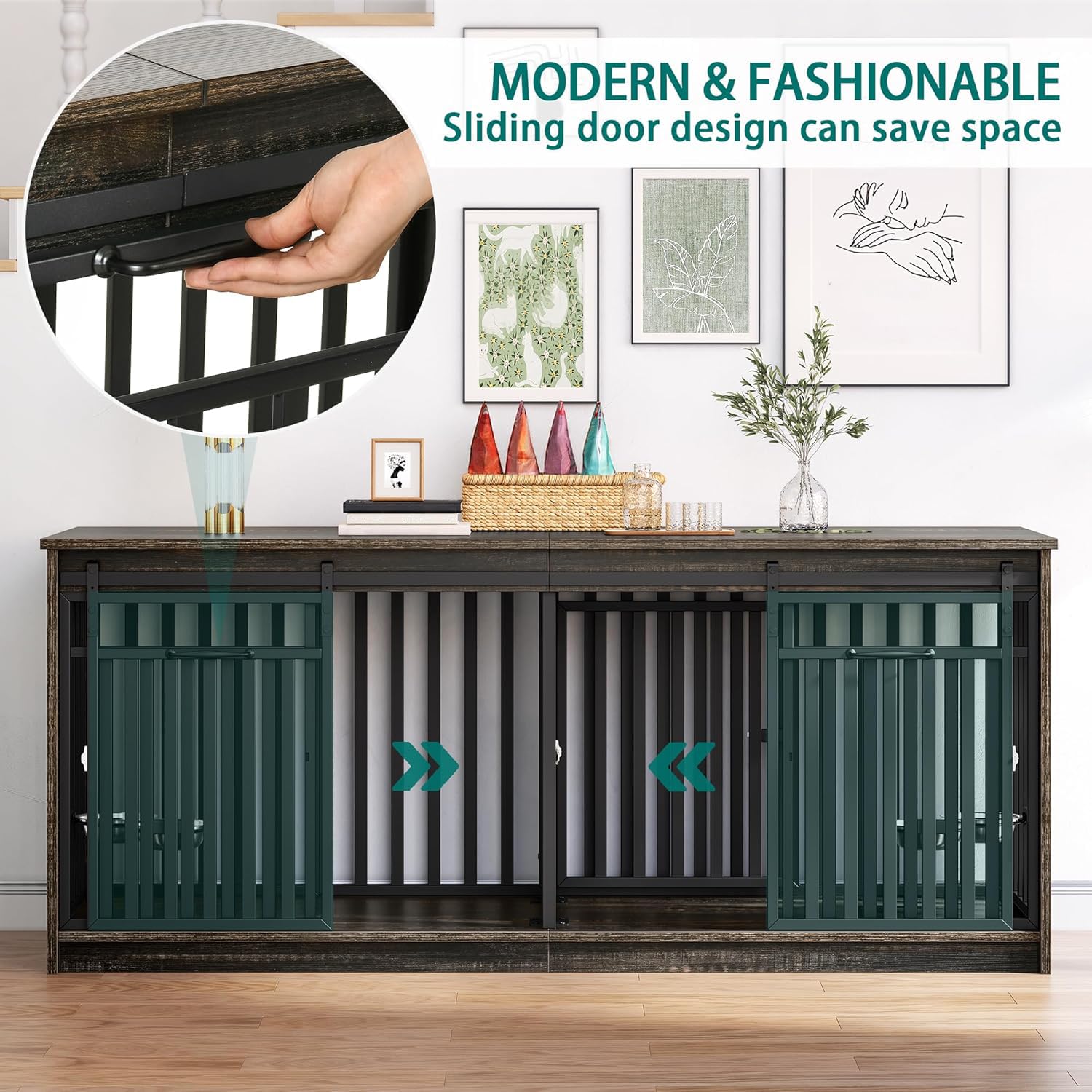 YITAHOME 71 Inch Double Dog Crate Furniture for 2 Dogs, Heavy Duty Wooden Crate TV Stand with 4 Bowls, Dog Kennel Indoor Furnitu