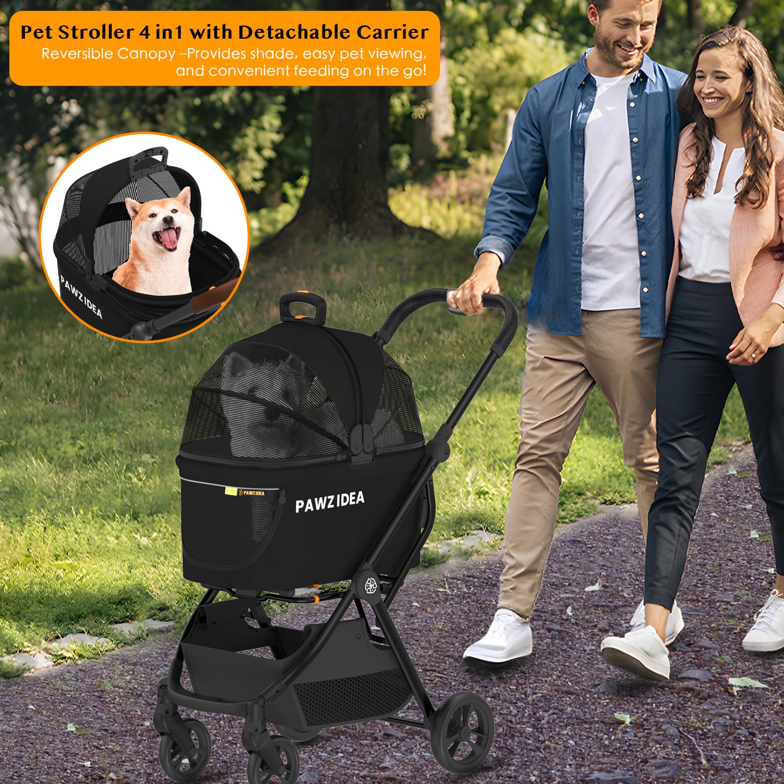 Pawzidea Pet Stroller 4 In 1, Dog Strollers For Small/Medium Dogs/Cats With Detachable Carrier No-Zip Canopy, Seatbelt Puppy Car