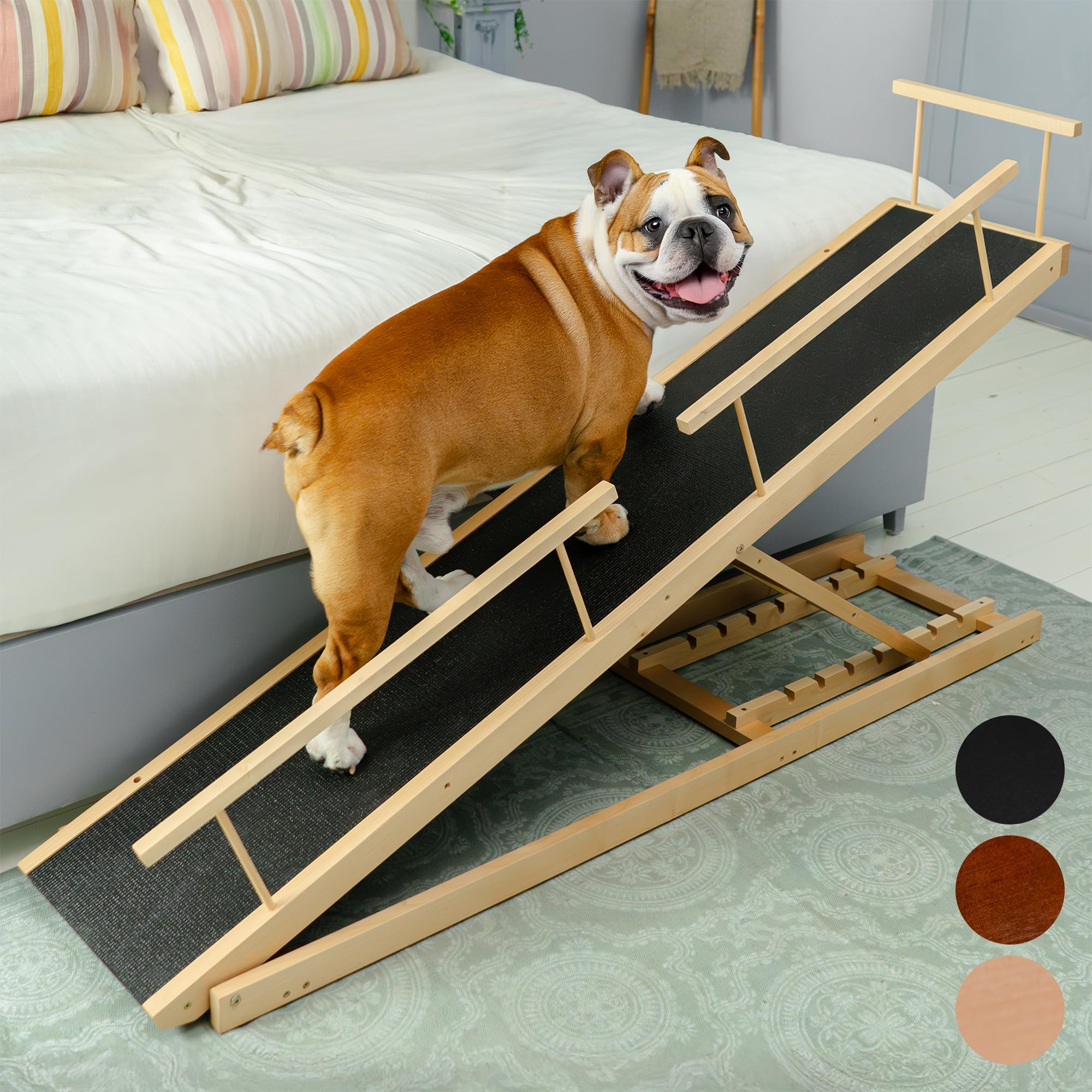 Dog ramp for Bed - PRIORPET Birchwood Adjustable Ramp for Dogs to Get on Bed: Dog ramps for High Beds up to 37 Inches - Foldable