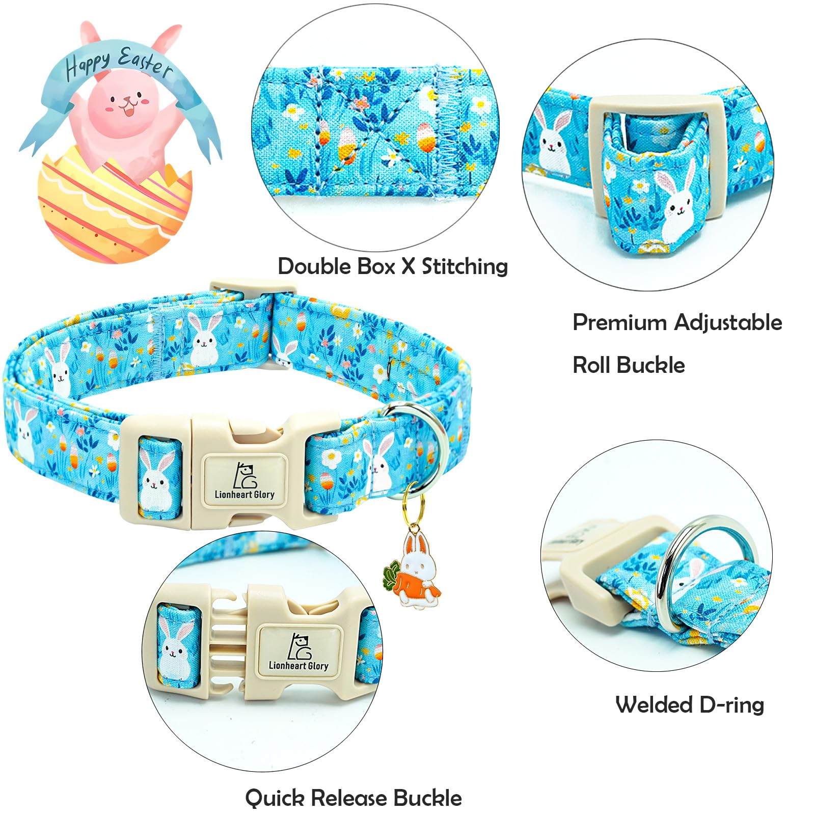 Lionheart Glory Easter Dog Collar-Cute Easter Rabbit Bunnies Eggs Dog Collars Female Male Dog Collar Adjustable Durable Soft Col