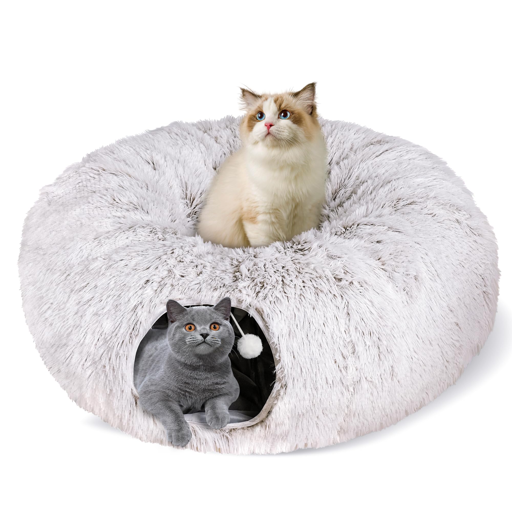 Cat Tunnel Bed For Indoor Cats, Peekaboo Cat Cave With Washable Soft Play Mat, Furry Cat Tube, For Kitten/Puppy/Rabbit, Brown