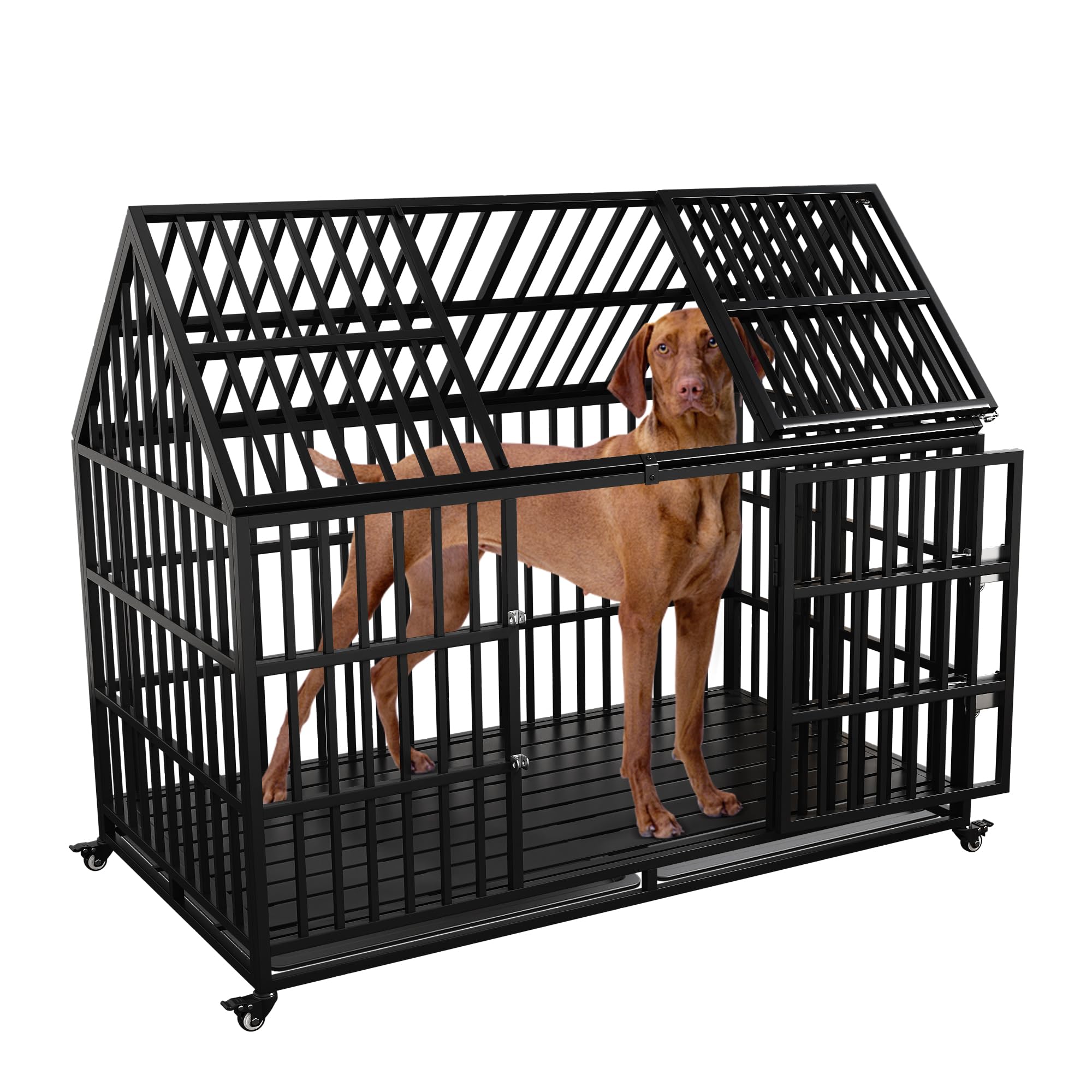 Heavy Duty Dog Crate For Large Giant Dogs, Metal Pet Cage Dog Kennel With Roof Strong Playpen, 54' Dog Cage With Sturdy Latches