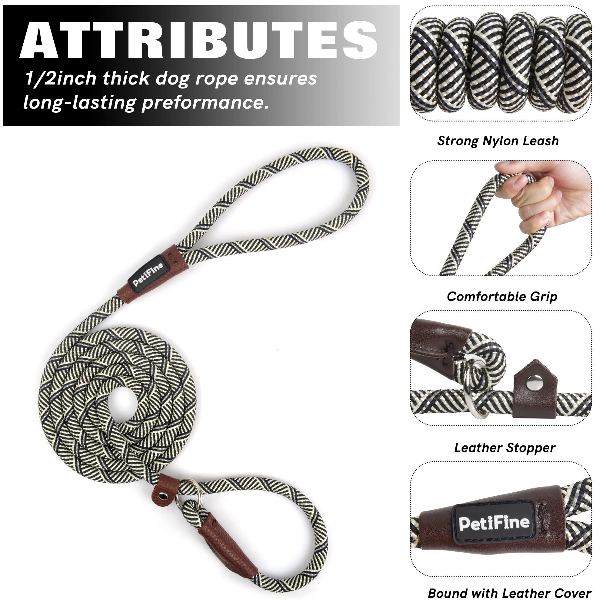 Petifine 6 Ft Slip Lead Dog Leash, Full Reflective Dog Training Leash, Heavy Duty Adjustable Pet Nylon Slip Rope Lead For Small Medium Large Dogs (3/8' -6 Ft, Grey)