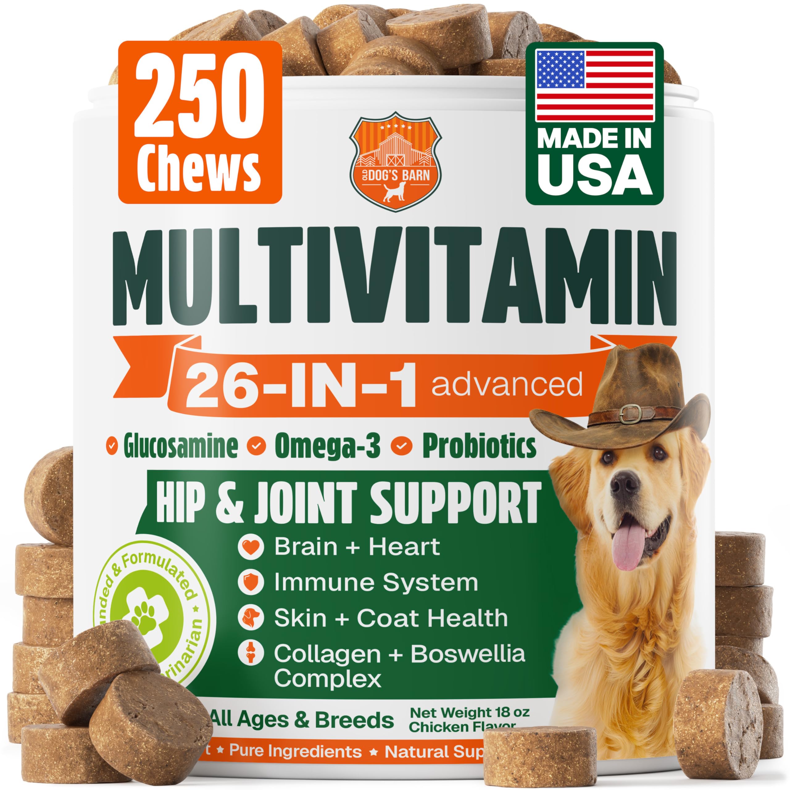Dog Vitamins and Supplements 250 Chews - 26 in 1 Dog Multivitamin Soft Chews with Glucosamine, Chondroitin, Probiotics, Omega 3 