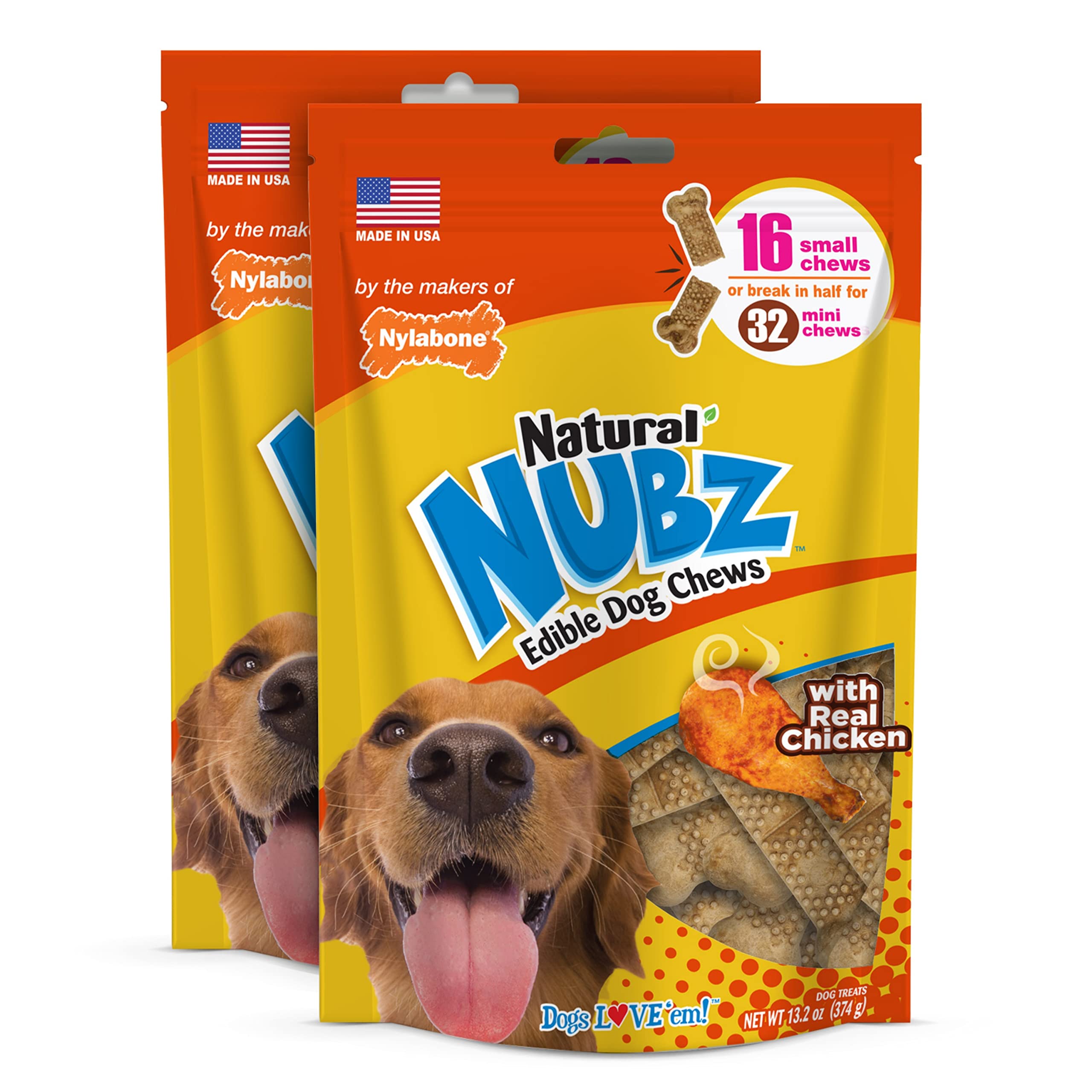Nylabone Nubz Natural Edible Chew Treats for Dogs, Long Lasting Chews Made in USA, Chicken Flavor, Small - Up to 25 lbs. (32 Cou