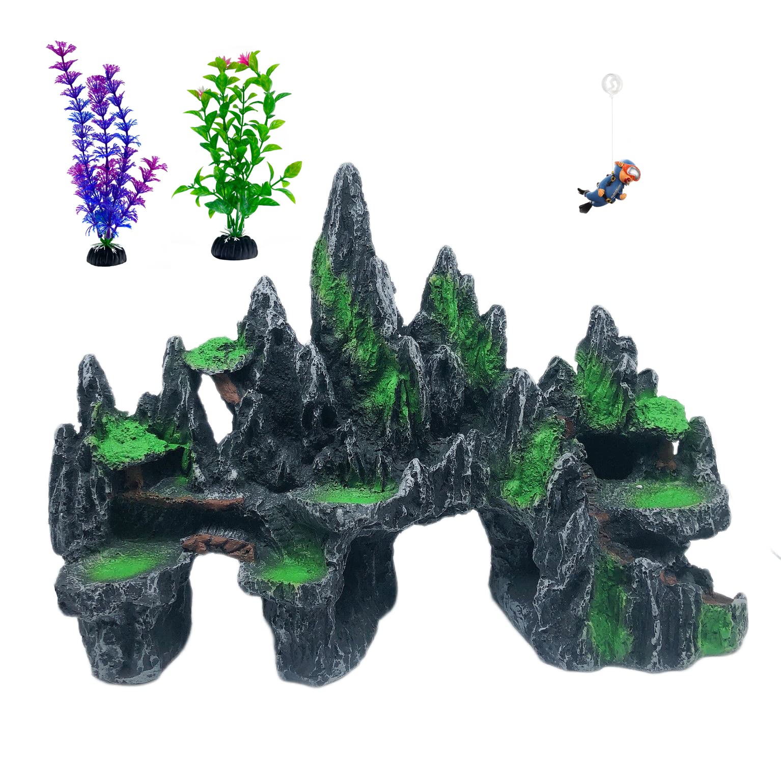 Awxzom Extra Large Aquarium Decorations, Big Mountain View Aquarium Ornaments, Large Fish Tank Decorations, Come With 1 Little Diver And 2X 4Inch Aquarium Plastic Plants (Extra Large Mountain)