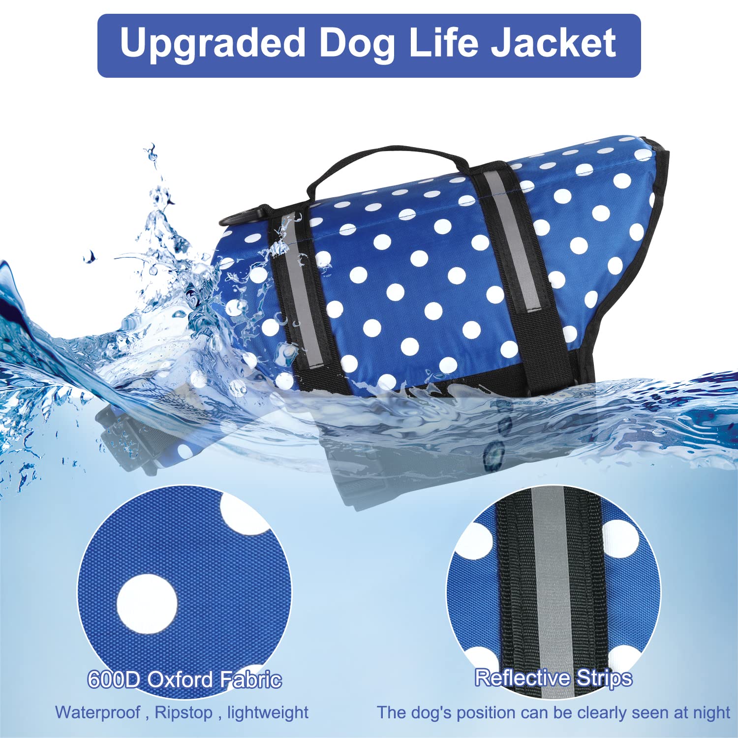 Haocoo Dog Life Jacket Vest Saver Safety Swimsuit Preserver With Reflective Stripes/Adjustable Belt Dogs?Blue Polka Dot,S