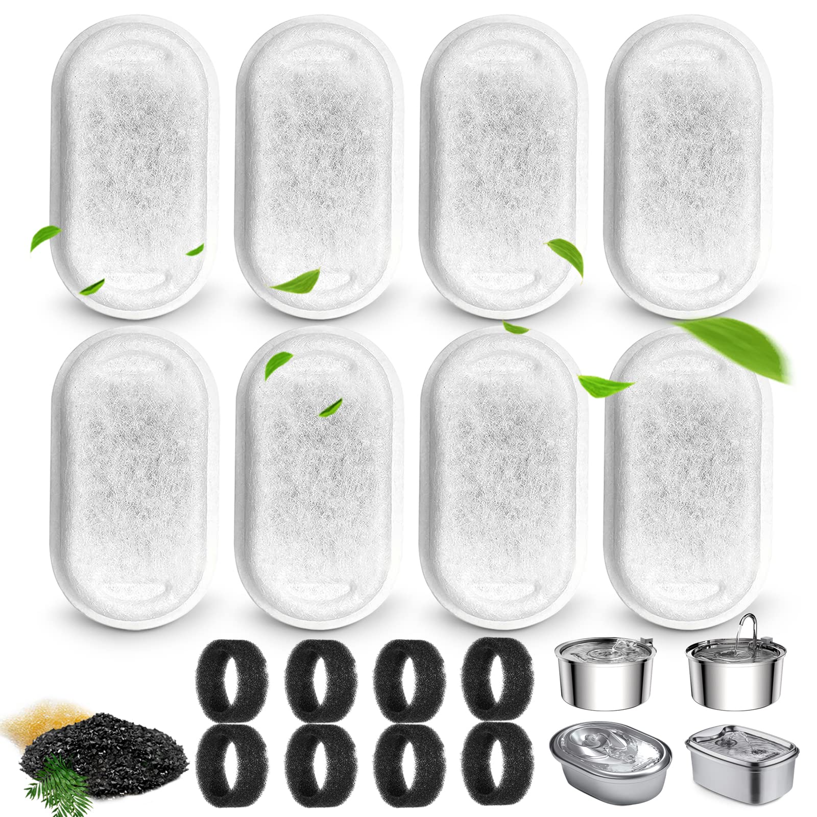 Cat Water Fountain Filters for 108/3.2L& 67oz/2L Stainless Steel Pet Water Dispenser Fountain Filter Replacement with 8 Sponges 