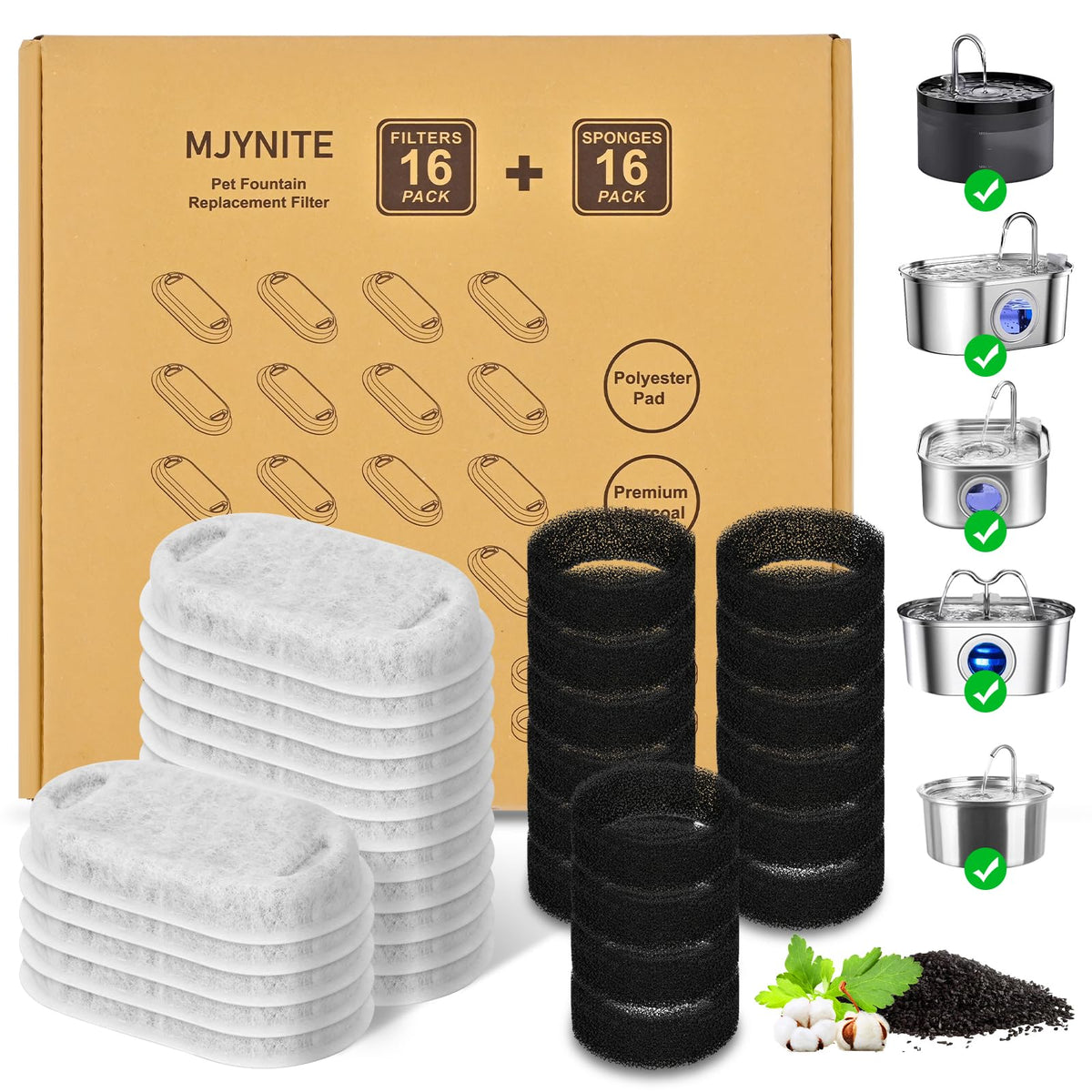 Mjynite Cat Water Fountain Filters, 16 Pack Replacement Filters & 16 Pack Pre-Filter Sponges For Stainless Steel Pet Water Fount