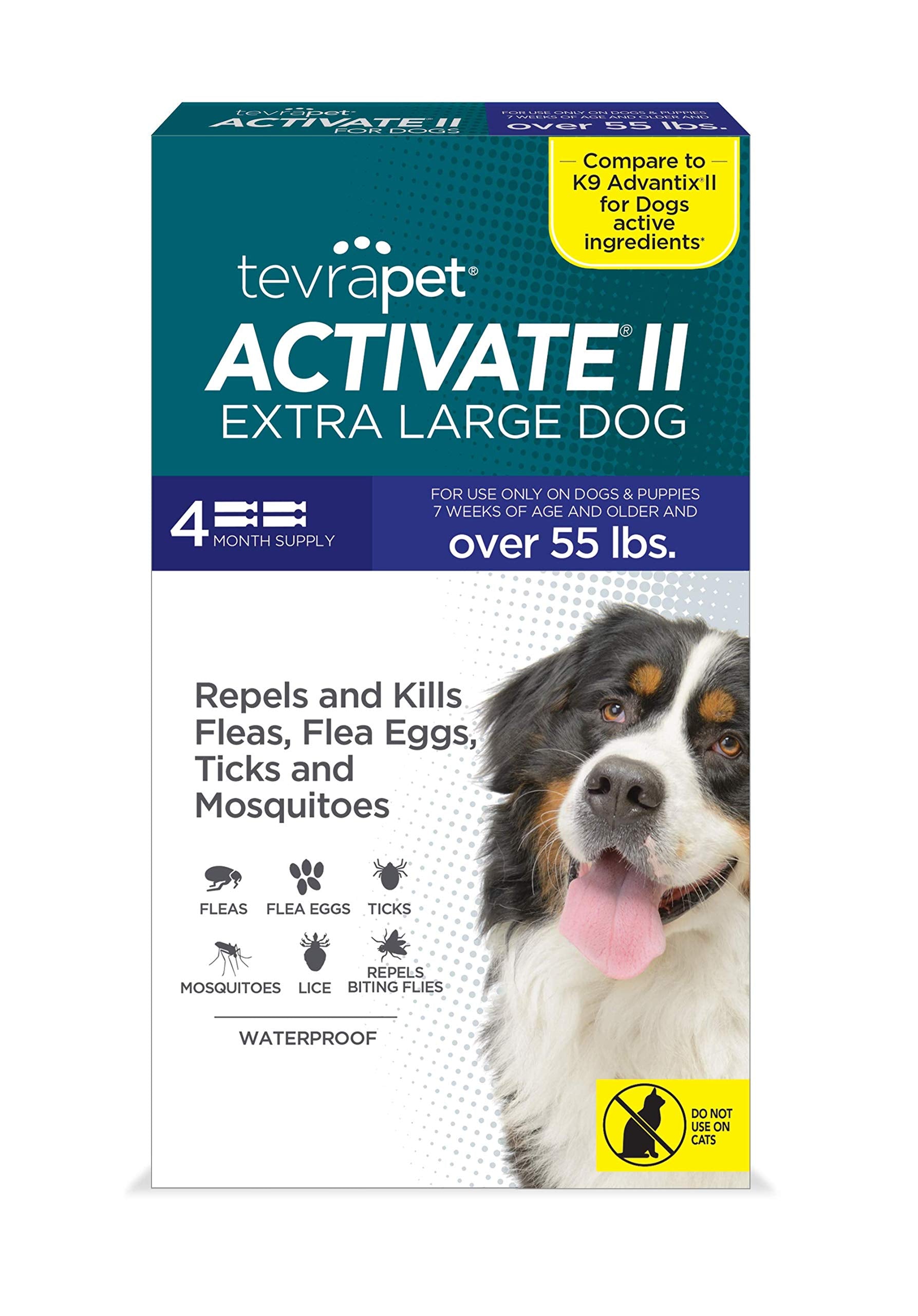 TevraPet Activate II Flea and Tick Prevention for Dogs | 4 Months Supply | Extra Large Dogs 55+ lbs | Fast Acting Treatment and 