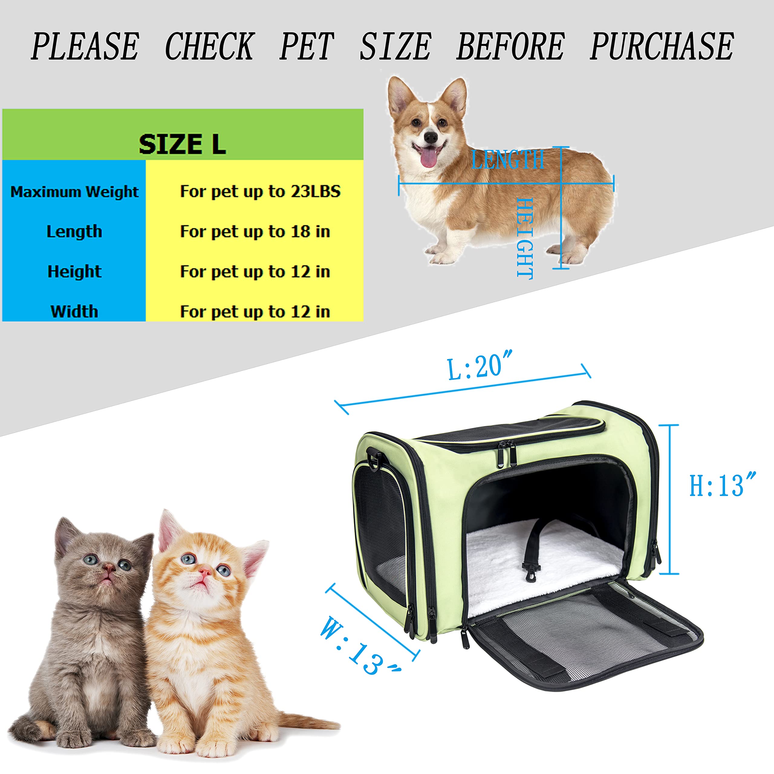 Nextfri Soft Sided Carrier For Small Medium Cats Dogs,Removable Pad Collapsible Travel Pet Carrier Large Green