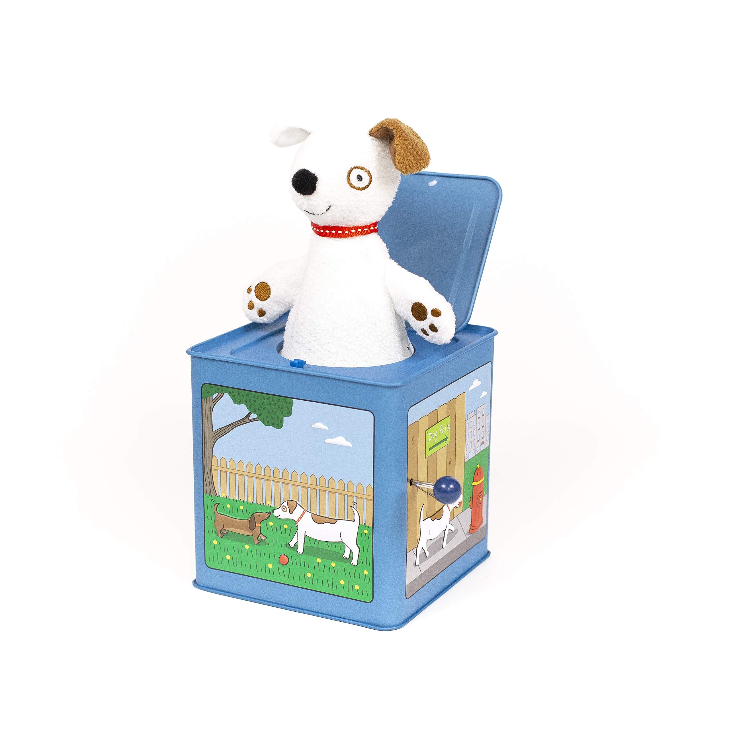 Jack Rabbit Creations Jack the Dog Tin Jack-in-the-Box Toy, Plush Pop-Up Dog, Crank Music Plays Oh Where Has My Little Dog Gone 