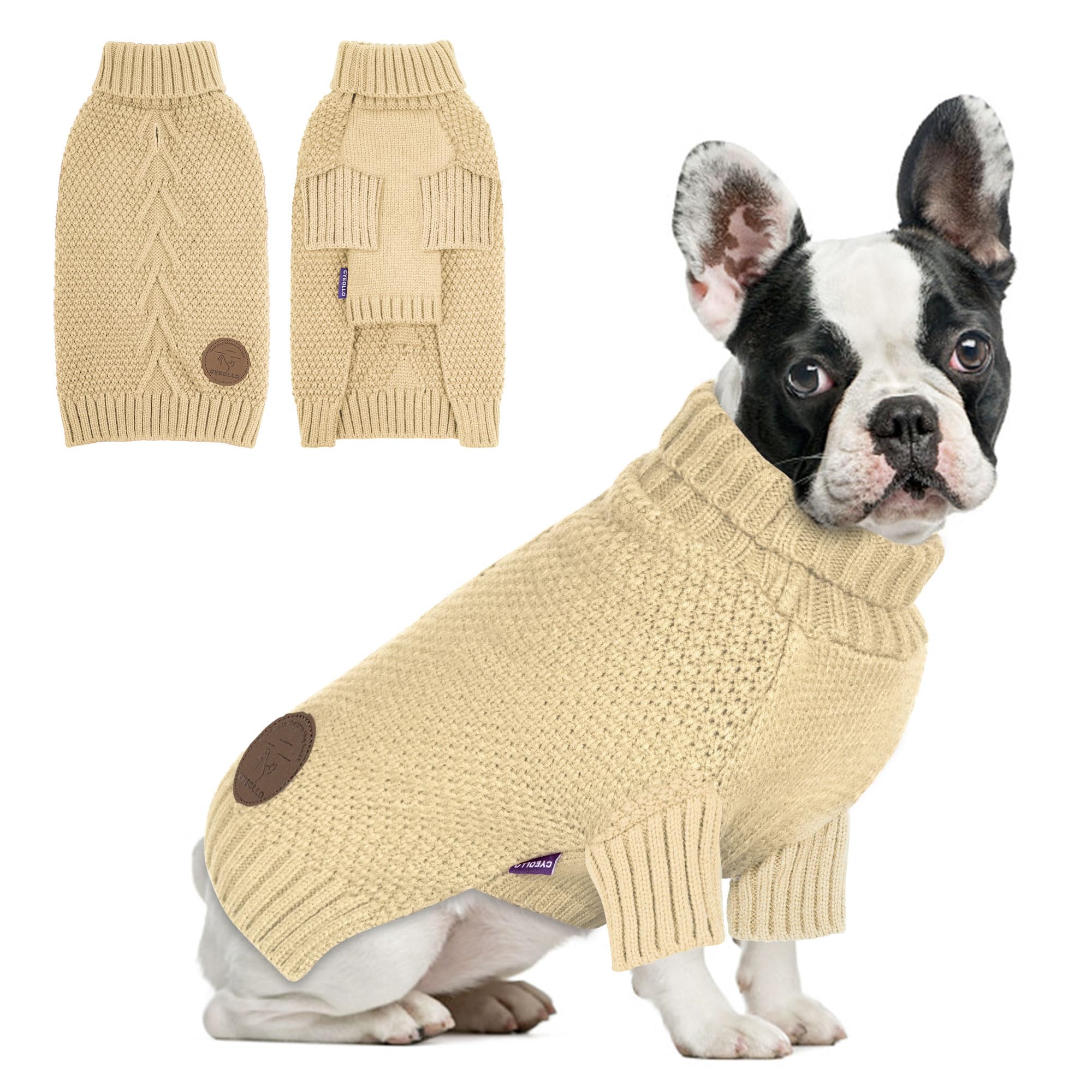 Cyeollo Dog Sweater Turtleneck Knitted Sweaters With Leash Hole Winter Dog Clothes Sweaters For Small Dogs Beige