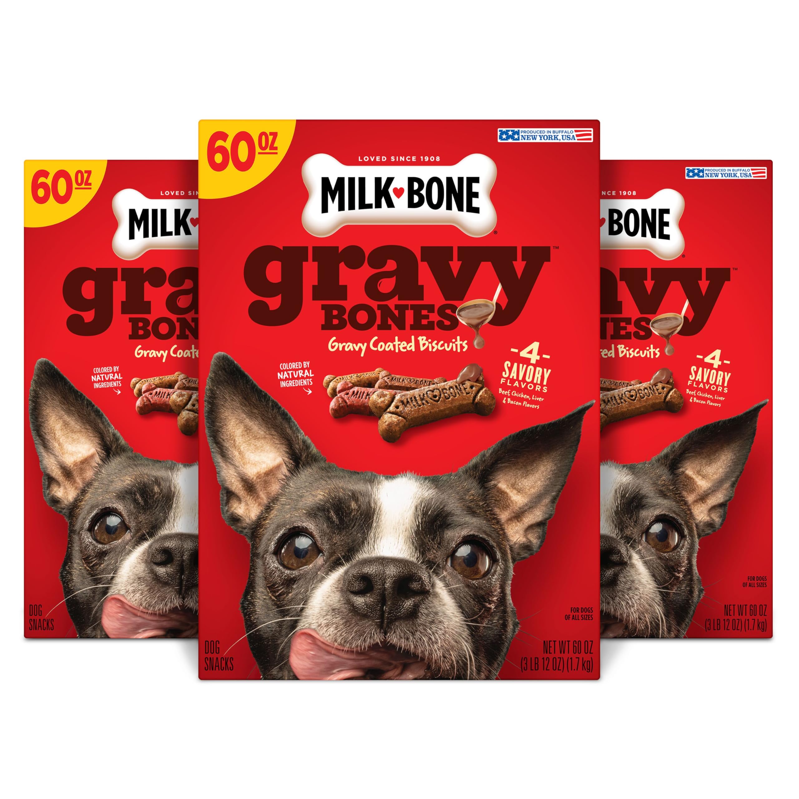 Milk-Bone Gravy Bones Dog Treats with 4 Savory Meat Flavors Coated in Gravy, 60 Ounce (Pack of 3)