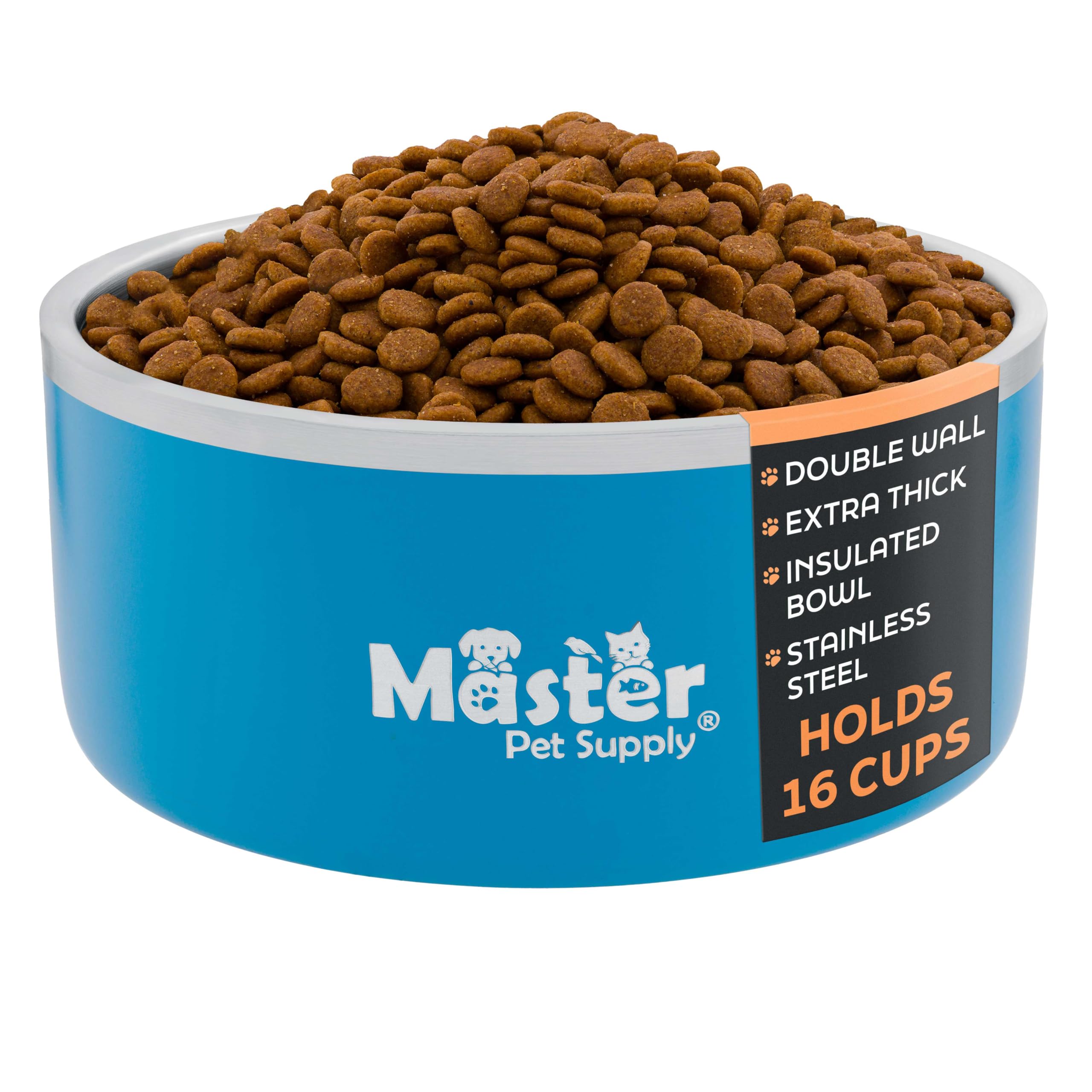 Master Pet Supply Stainless Steel Dog Bowls - 128 oz, Heavy Duty - True Blue, Double Wall Extra-Thick Insulated, Non-Slip Pet Wa