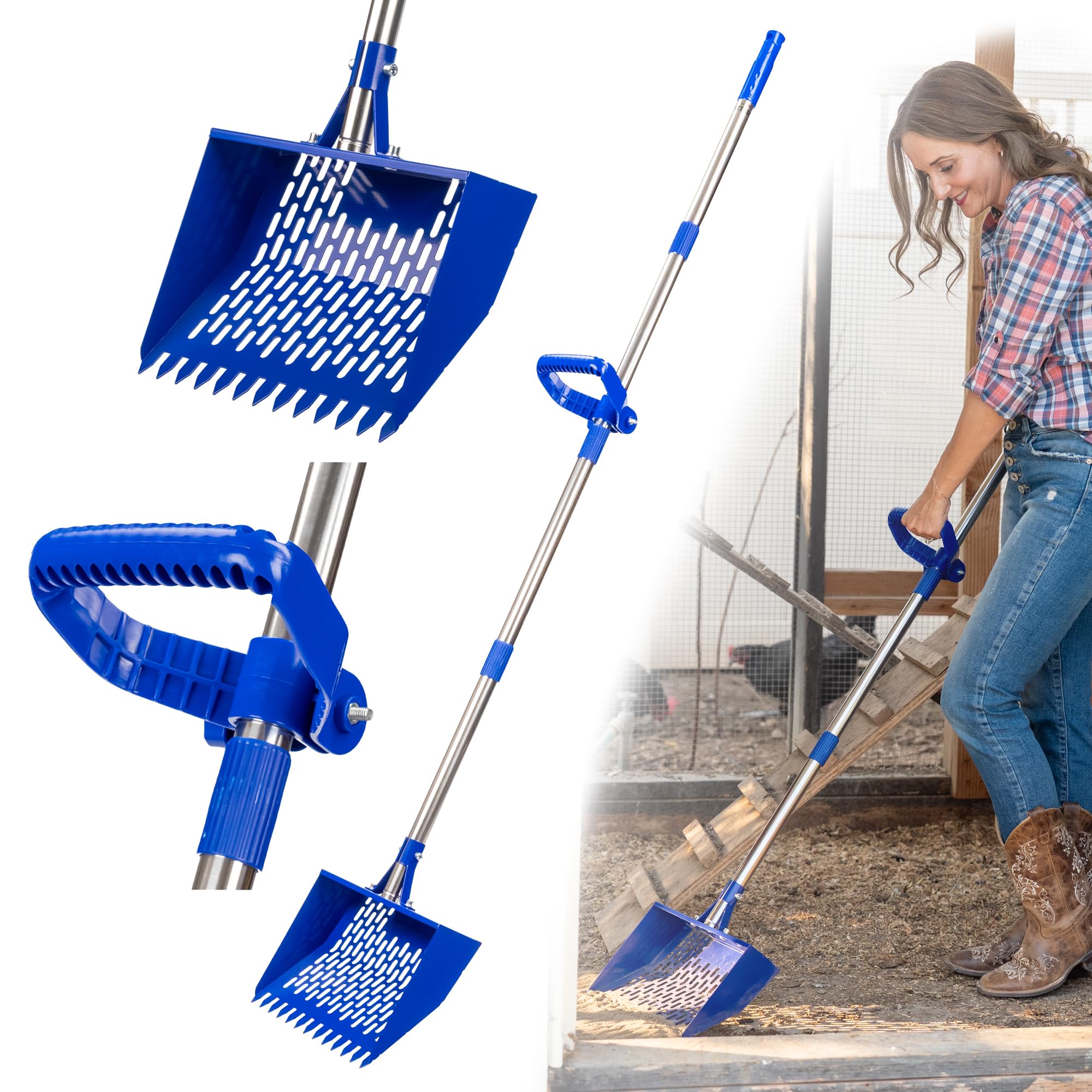 CRITTER FAVS Chicken Poop Scooper for Sand & Litter - Heavy-Duty Metal Scoop with 10.2 Wide Head, Adjustable 24-74 Handle, Built