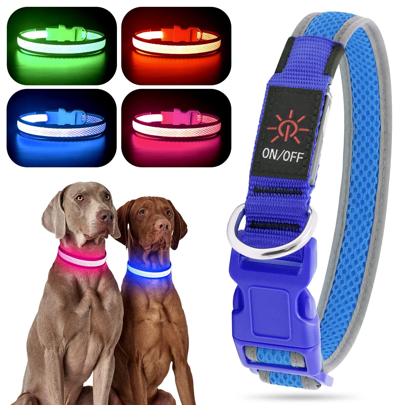 Yfbrite Light Up Dog Collar, Rechargeable Led Dog Collar, Flashing Dog Collar, Adjustable Reflective Dog Collar Safety Glowing At Night (Blue, Large)