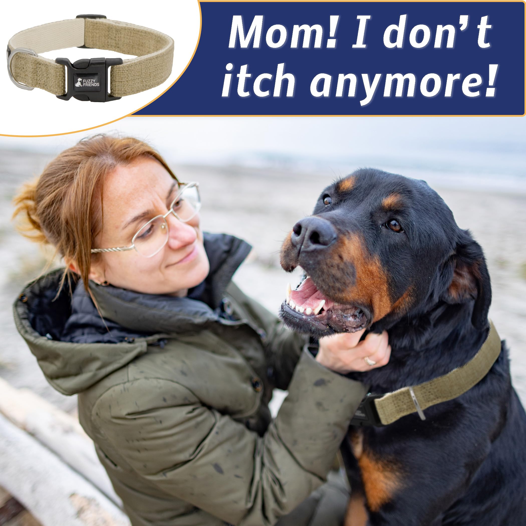 Fuzzy Friends Khaki Hemp Dog Collar - Hypoallergenic Dog Collar - Comfortable for Sensitive Skin or Allergies with no Harsh Dyes