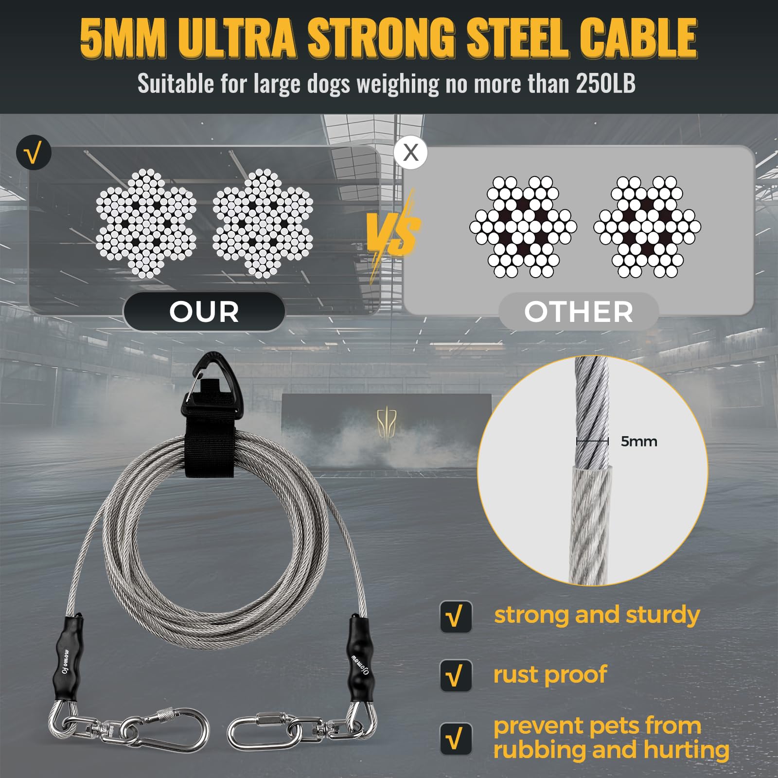 Ojomow Heavy Duty Dog Tie Out Cable For Stake, Anti-Rusty Long Dog Leash For Large Dogs - Actual 2000Lbs Break Strength (20Ft)
