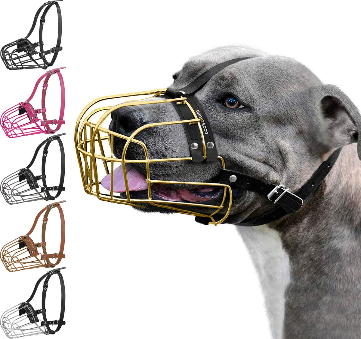 Bronzedog Pitbull Dog Muzzle Metal Mask Amstaff Wire Basket Pit Bull Adjustable Leather Straps For Large Dogs (Gold)