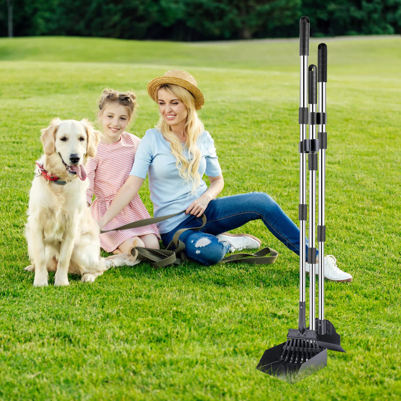 TNELTUEB Dog Pooper Scooper Set - 3 Pcs Adjustable 49.1 Long Metal Tray, Rake & Spade for Waste Removal - No Bending Cleanup, Black